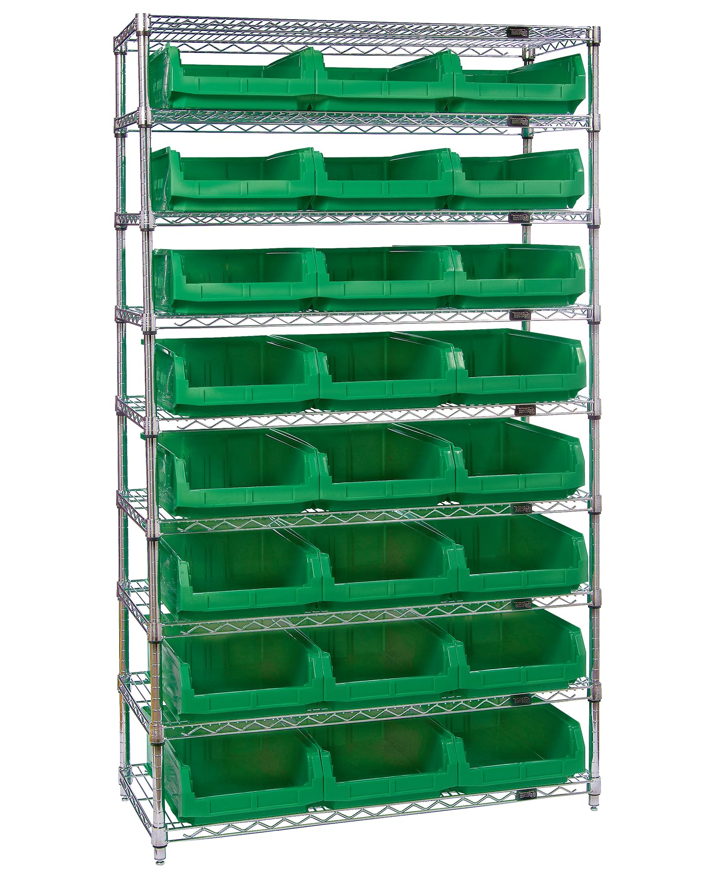 Quantum Storage Systems WR9-531GN 9-Tier Complete Wire Shelving Unit with 24 QMS531 Green Magnum Bins - Chrome Finish, 18
