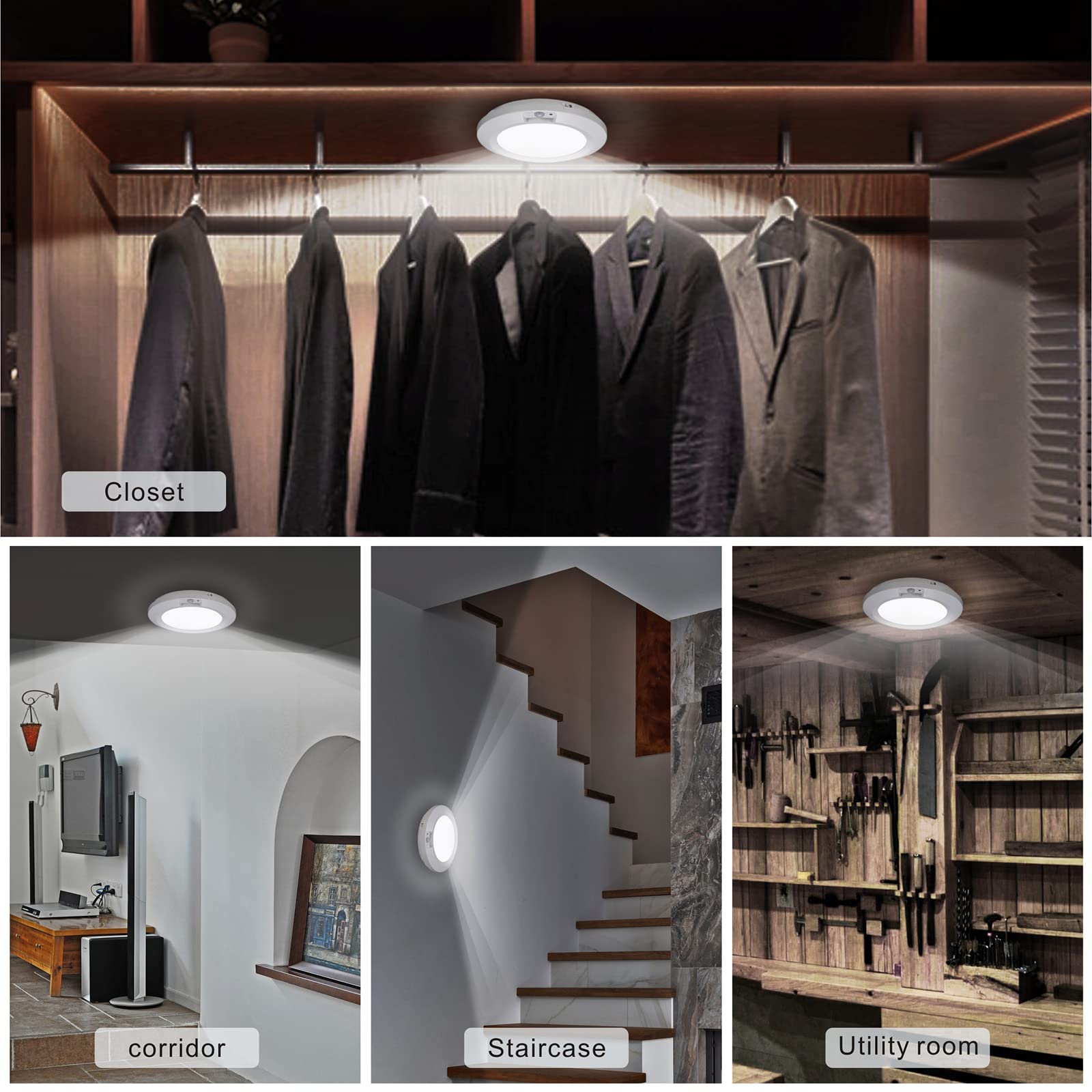 LINEWAY Motion Sensor Ceiling Light - Battery Operated Indoor LED Light (210LM) for Closet, Basement, Stairway, Cabinet, Pantry - Easy Installation & Energy Saving
