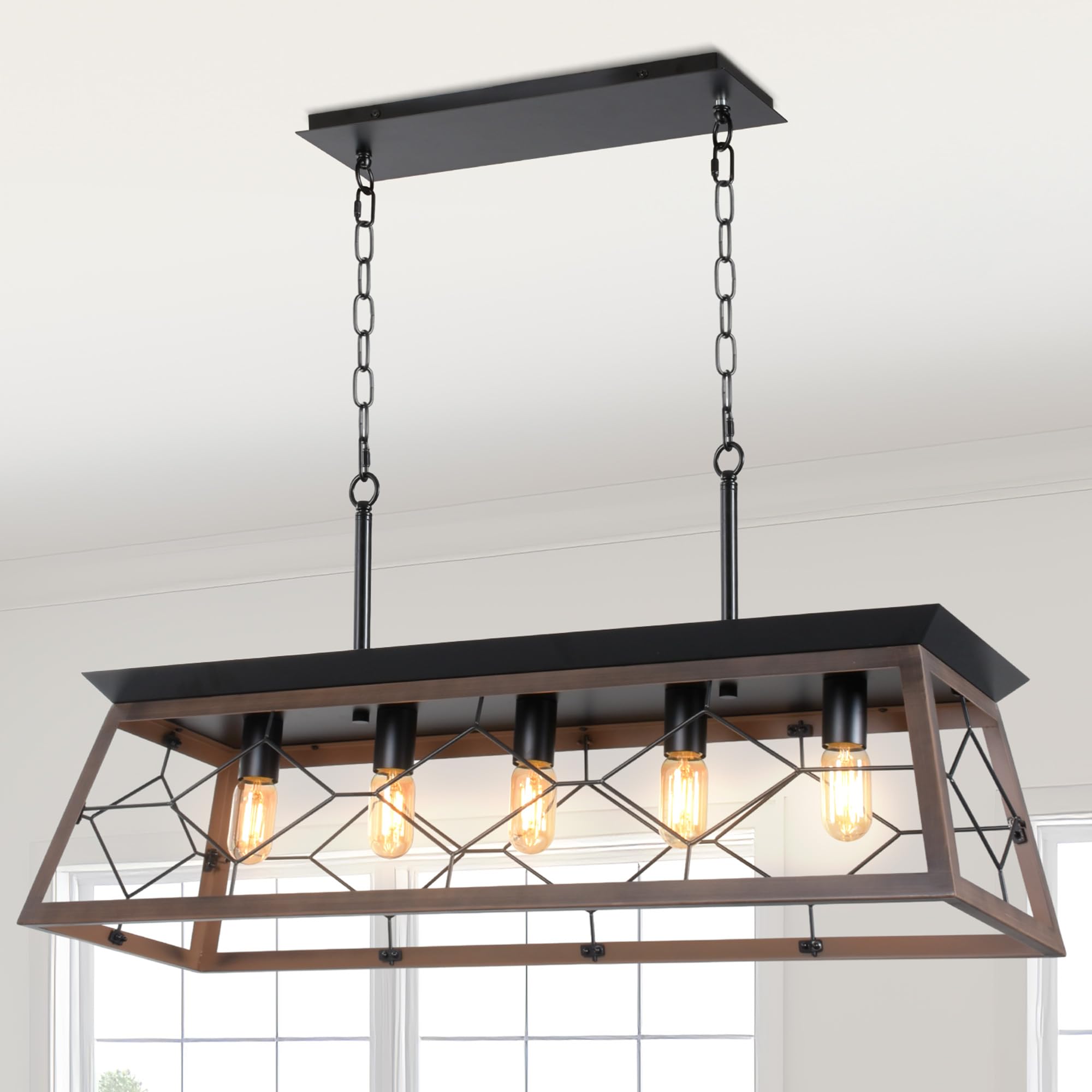 YITAHOME 5-Light Farmhouse Pendant Lighting Fixture - Rustic Rectangular Chandelier for Kitchen Island, Dining Room & Living Room - UL Listed Bronze Finish - Perfect for Farmhouse, Industrial & Modern Home Decor