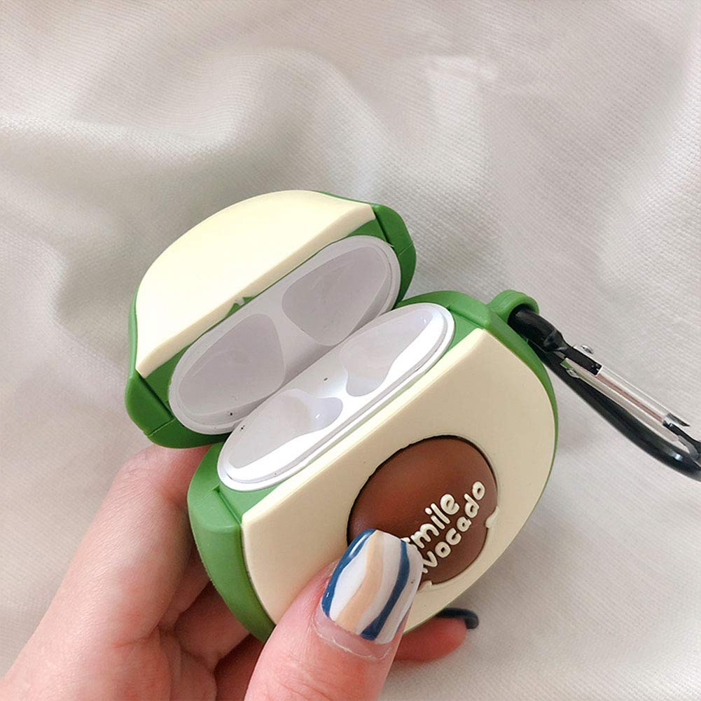 SGVAHY Cute 3D Cartoon Avocado AirPods Case - Soft Silicone Shockproof Cover with Ring Buckle Holder for AirPods 1/2/3/Pro - Fun Creative Fruit Vegetable Design (Avocado Smile) - Perfect for Gym, Travel & Everyday Use