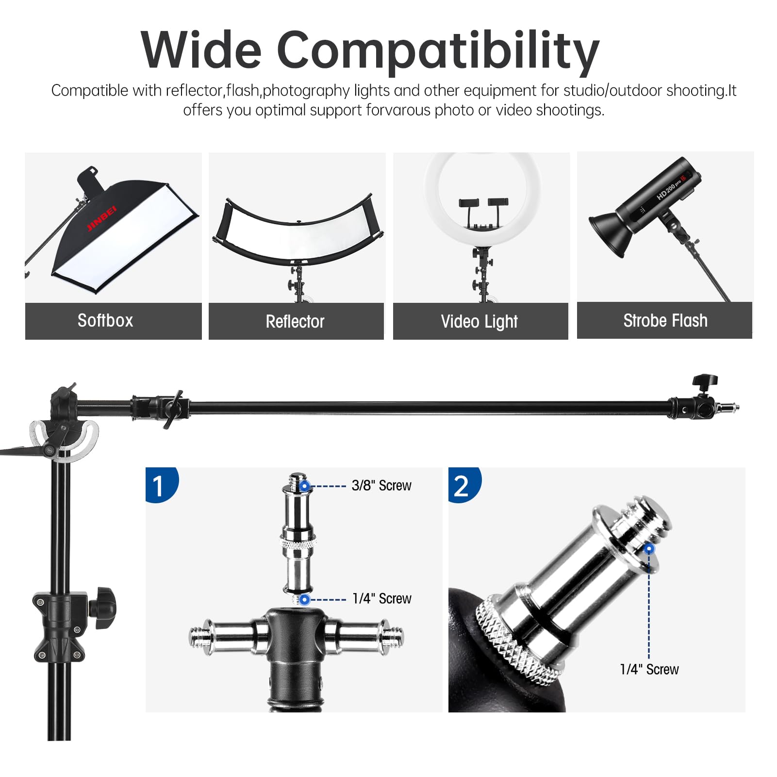 JINBEI 16.4FT/500cm Heavy Duty Boom Arm Stand with Sandbag - 22LBS Load Capacity, 360° Rotatable Adjustable Aluminum Holding Arm for Studio Photography & Video Lighting (Perfect for Product Shoots, YouTube Videos & Professional Studio Setups)