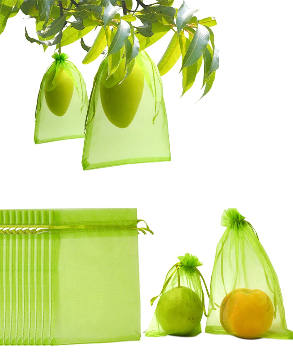 50PCS 11x8 Inch Green Mesh Fruit Protection Netting Bags with Drawstring for Trees, Garden, and Plants - Perfect for Apple, Pear, and Citrus Tree Protection
