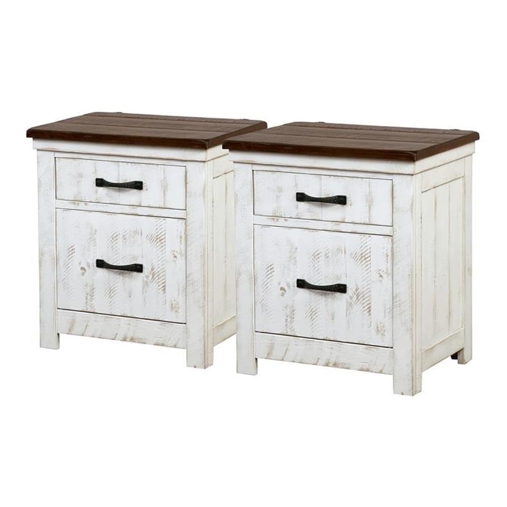 Distressed White Wood Nightstand Set of 2 - Chala Style 2-Drawer Bedside Tables by Furniture of America | Perfect for Bedroom, Guest Room & Home Decor