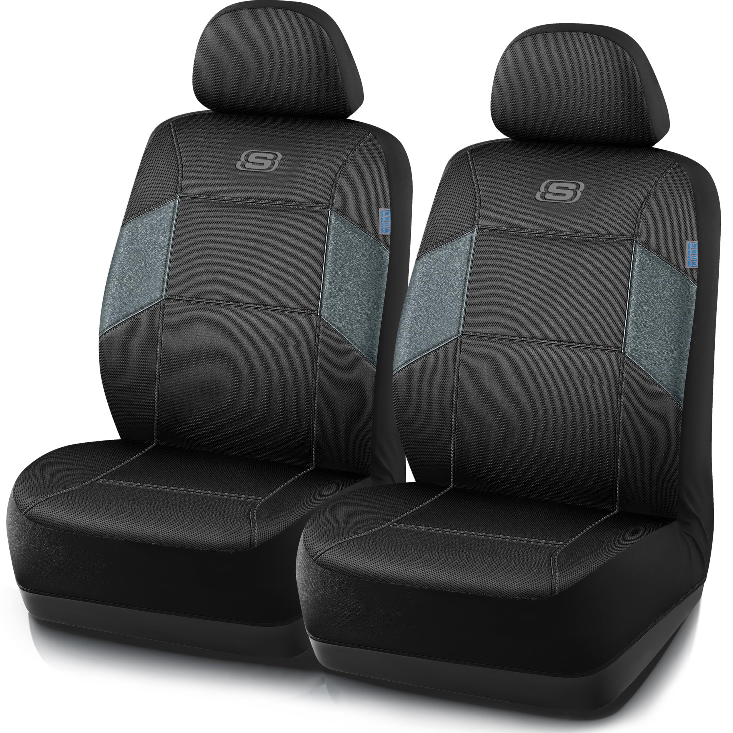 Skechers Work Car Seat Covers - Premium Leather Auto Seat Protectors with 5X Stronger Webbing & Breathable Mesh Fabric | Airbag Compatible for Cars, Trucks & SUVs | Perfect for Commuting, Road Trips & Work Vehicles (Grey, 2 Front Seats)