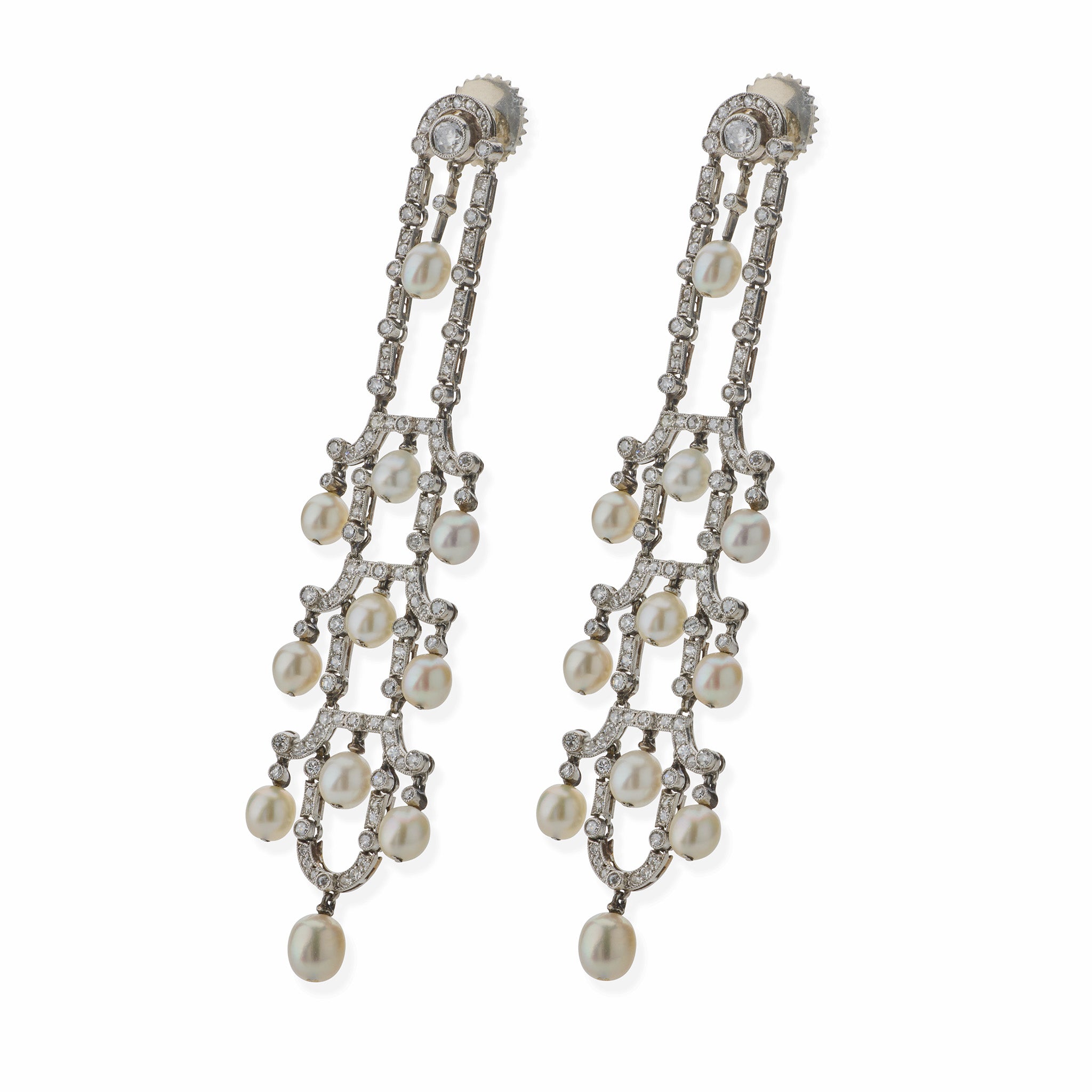 Vintage Art Deco Seed Pearl & Diamond Chandelier Earrings – Elegant Dangle Drop Earrings for Weddings, Parties & Formal Events