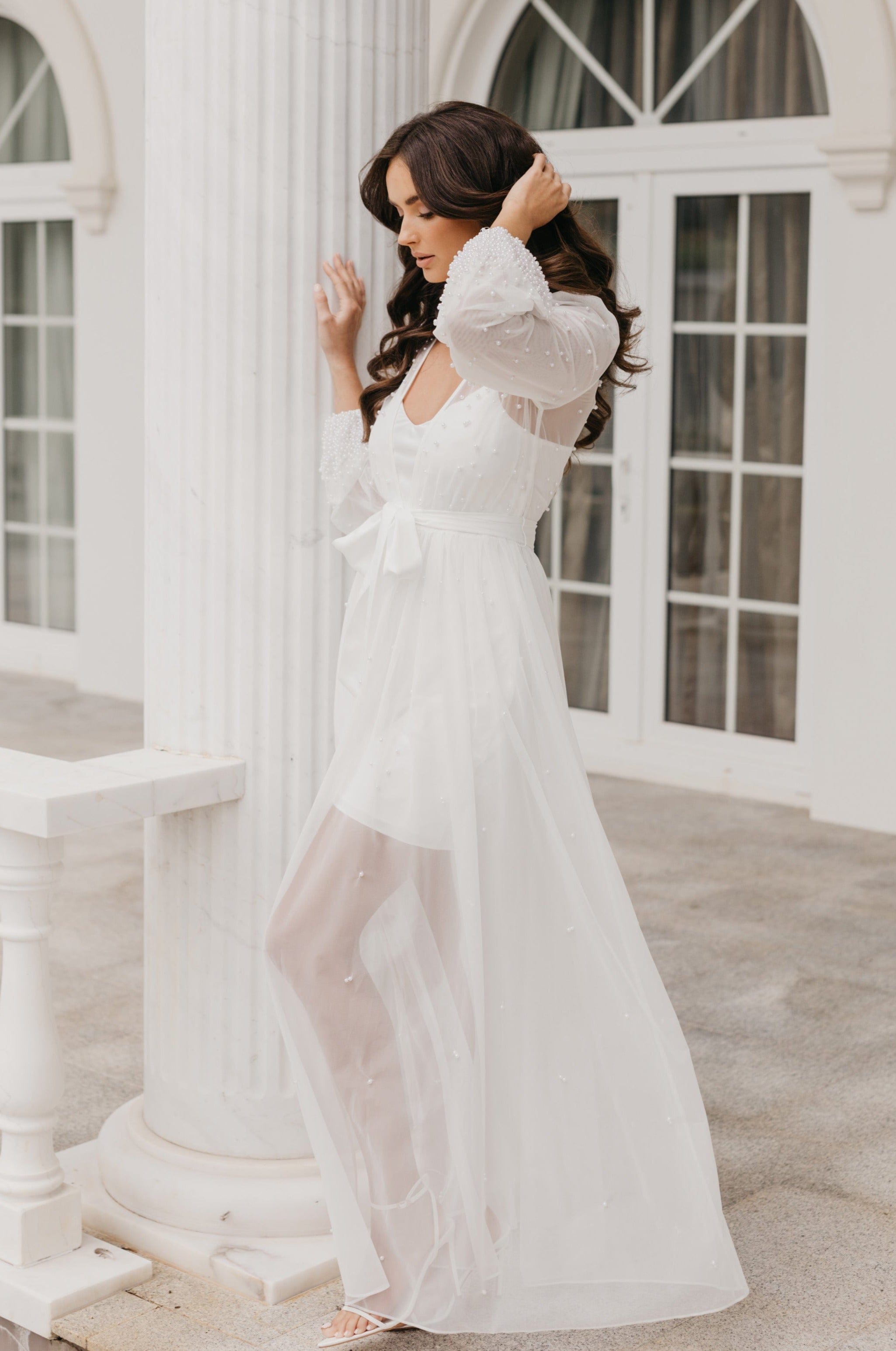 Millie Hand-Beaded Pearl Mesh Maxi Dress with Slip - Elegant Evening Gown for Weddings, Parties & Special Occasions