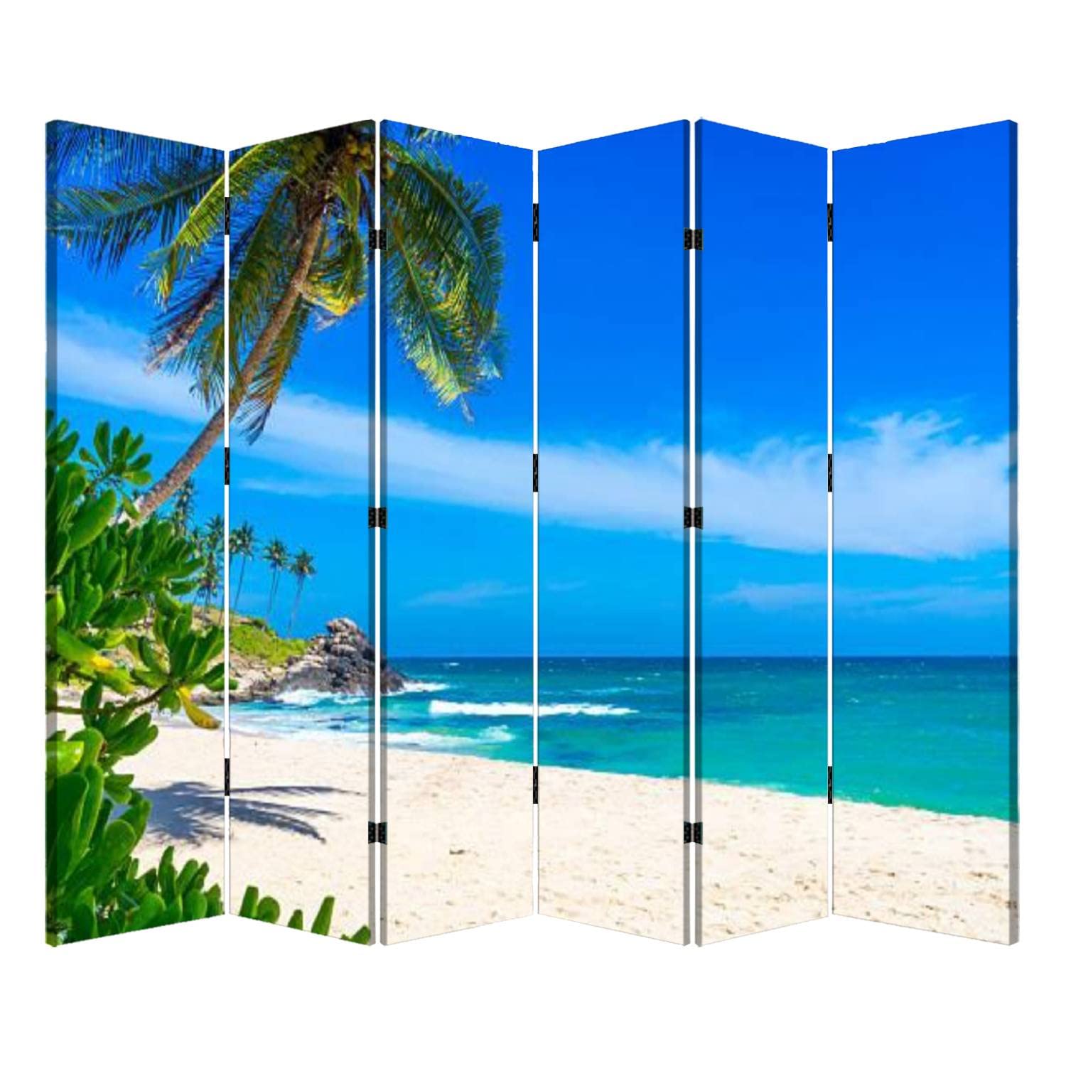 6 Panel Folding Room Divider - Tropical Beach Design for Privacy, Portable Freestanding Screen for Home, Office, Bedroom | Perfect for Creating Private Spaces in Small Apartments, Studios, and Work Areas