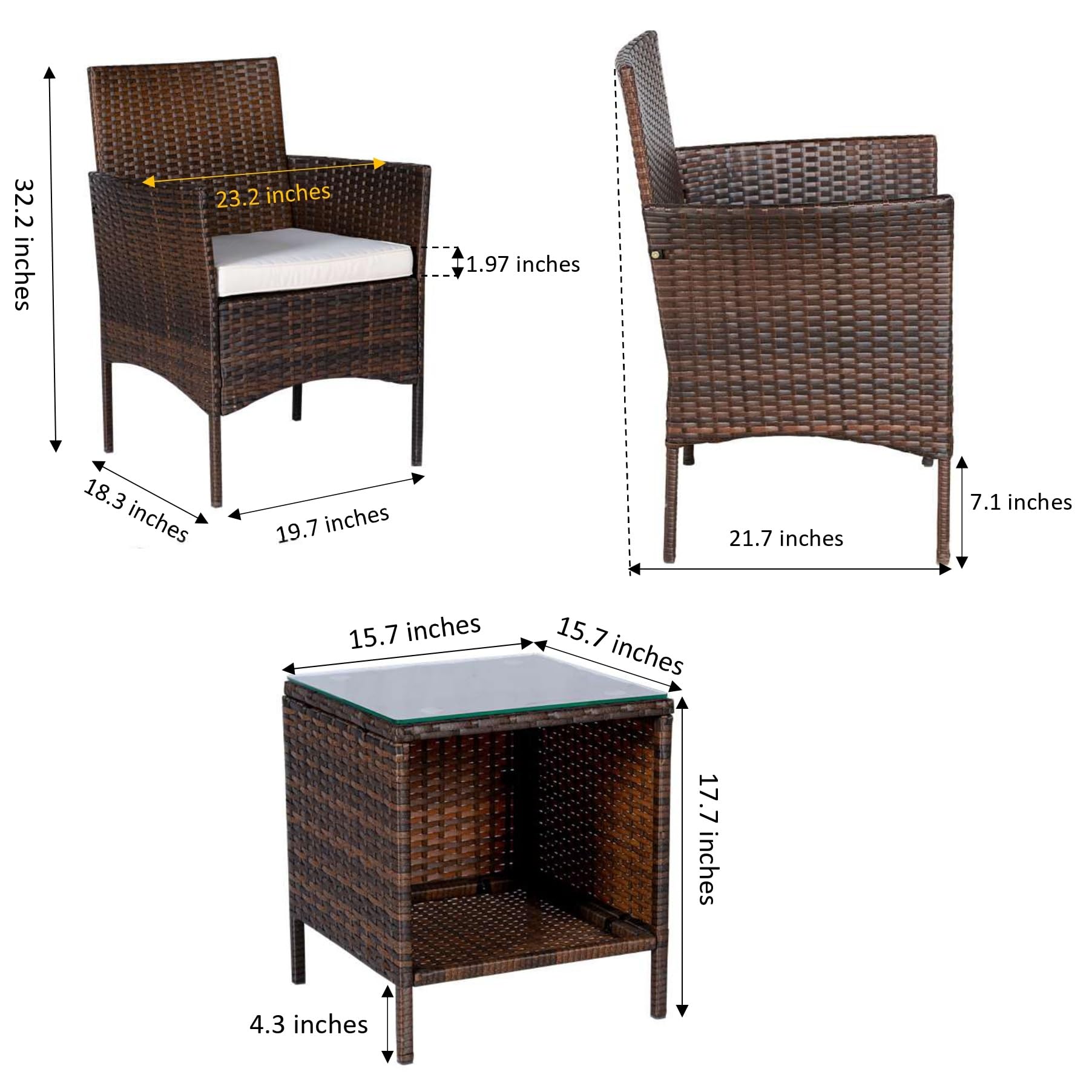 BTEXPERT 3-Piece Outdoor Wicker Bistro Set with Cushions - Rattan Patio Furniture for Garden, Porch, Yard - Space-Saving Conversation Set with 2 Chairs & Glass Top Table (Brown/Beige) - Perfect for Relaxing, Entertaining Guests, and Enjoying Morning Coffee Outdoors