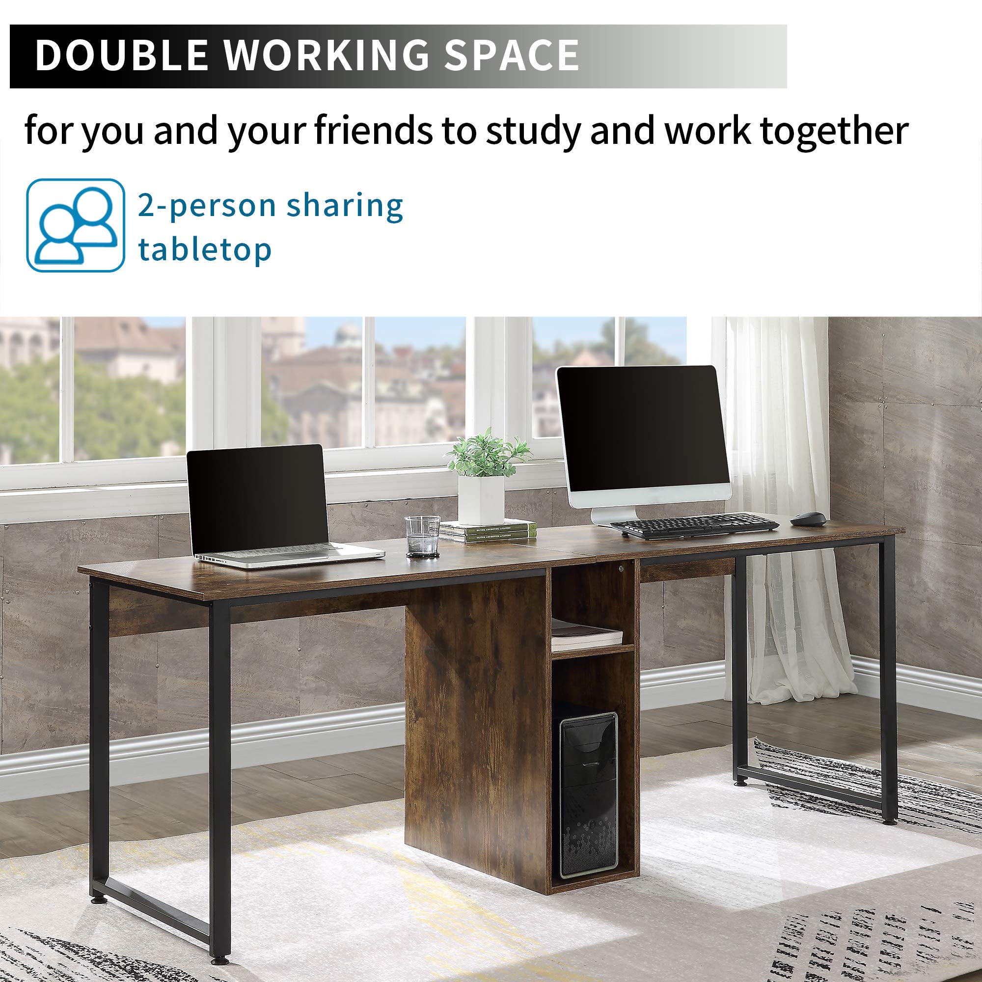 Two Person Desk - Double Computer Desk with Storage Shelves & Writing Table for Home Office - White & Brown - Perfect for Shared Workspaces & Small Offices