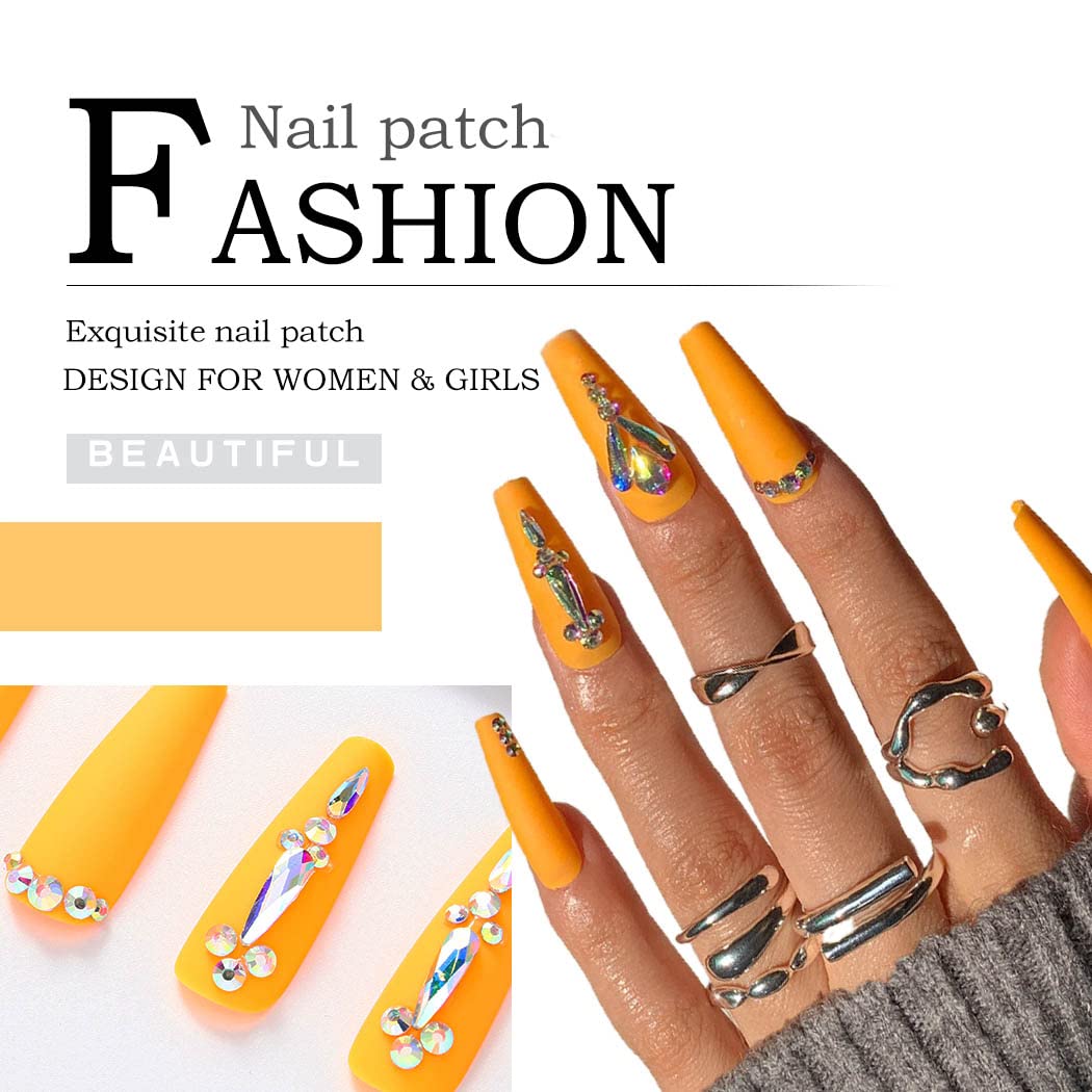 Long Coffin Ballerina Fake Nails - Orange Glitter Crystal Press on Nails with Matte Shimmer Rhinestones - 24Pcs Full Cover Artificial Nails for Women & Girls - Perfect for Parties, Weddings, and Special Occasions