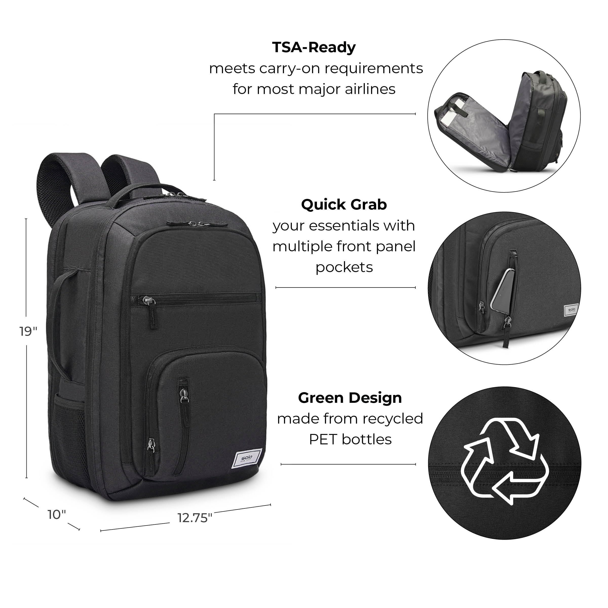 Solo New York Grand Travel TSA Backpack - Black Recycled Laptop Backpack for 17.3
