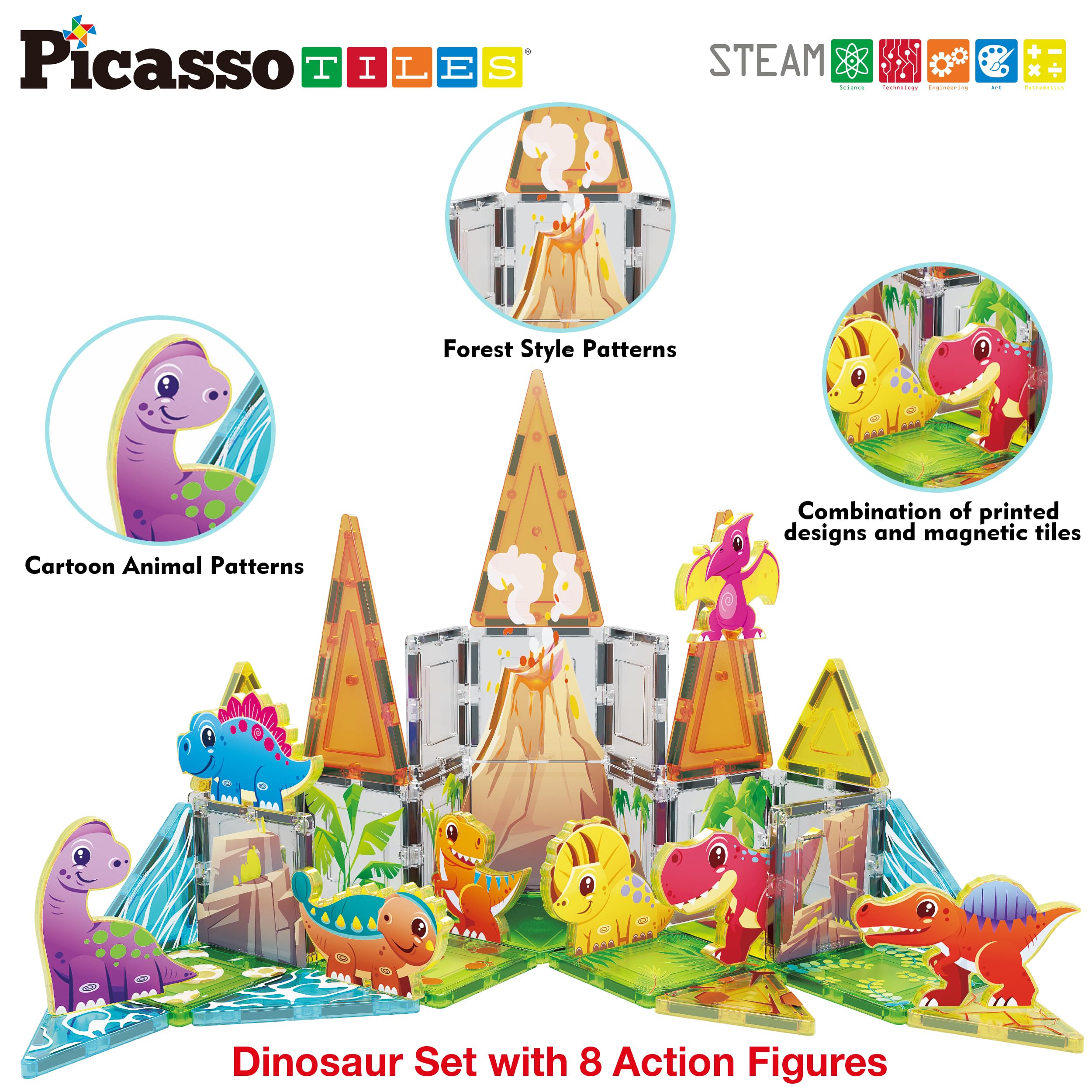 PicassoTiles Magnetic Blocks Dinosaur Set - STEM Toys for Toddlers 3+ | Play & Learn