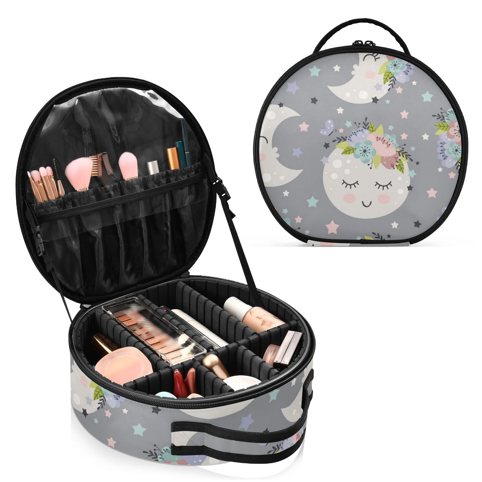 Linqin Travel Makeup Bag Organizer for Women - Portable Cosmetic Case with Adjustable Dividers, Moon Design Train Case for Toiletry, Jewelry & Brushes - Perfect for Travel, Home & Salon Use