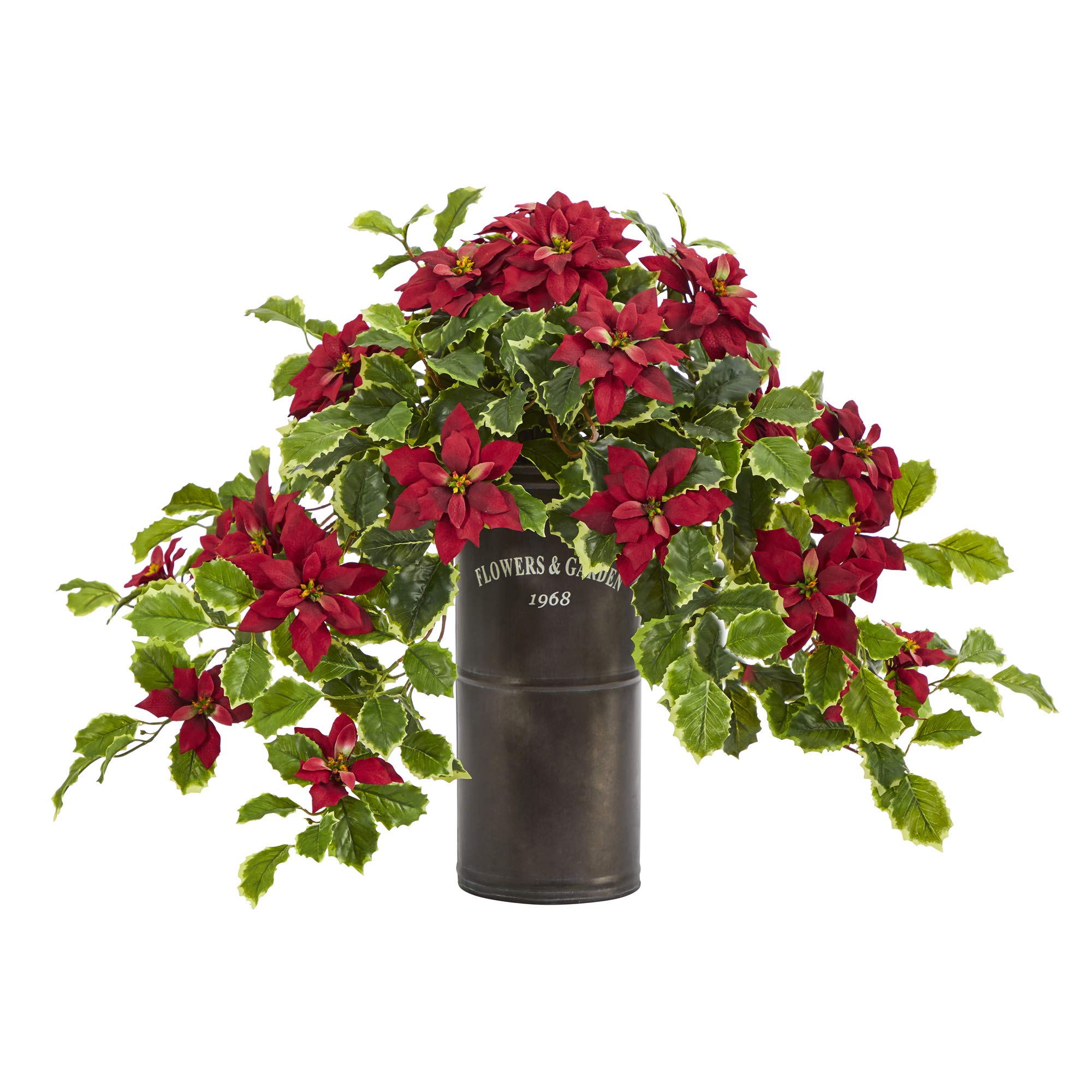 Nearly Natural 21 Inch Poinsettia and Variegated Holly Artificial Plant in Decorative Planter - Real Touch Faux Plant for Christmas Home Decor, Office, and Holiday Centerpiece