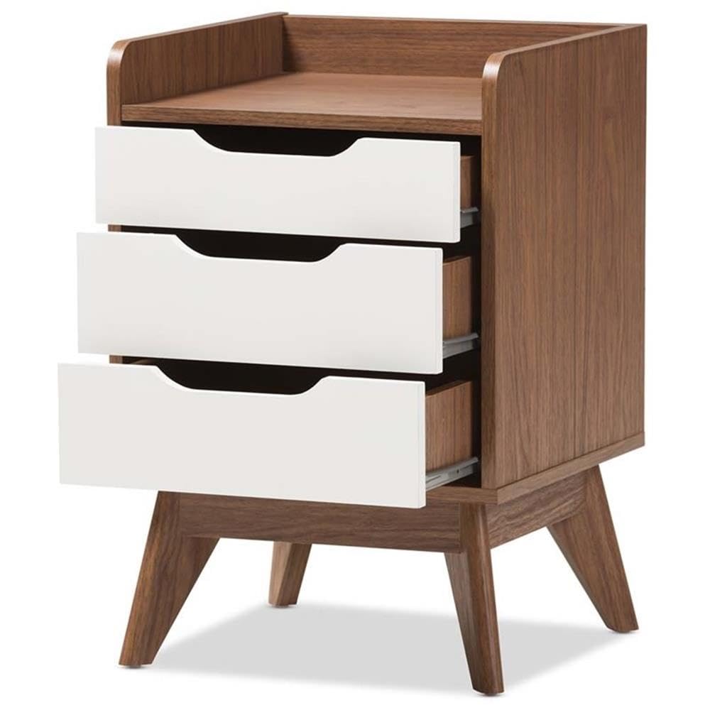 BOWERY HILL Modern 3-Drawer Nightstand - White & Walnut Finish Bedside Table for Bedroom, Living Room, or Guest Room - Compact Storage Solution with Smooth Gliding Drawers