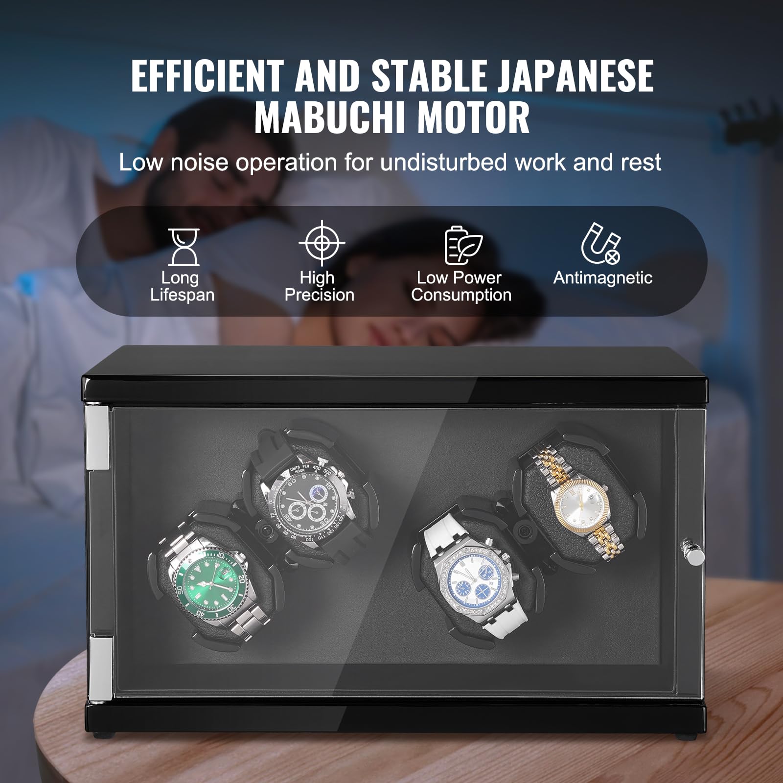 VEVOR 4 Watch Winder Box - Silent Japanese Motor, LED Light, Adjustable Rotation Speed & Direction for Automatic Watches | Perfect for Rolex, Omega, Breitling Storage & Display | Luxury Watch Care Solution for Home & Office