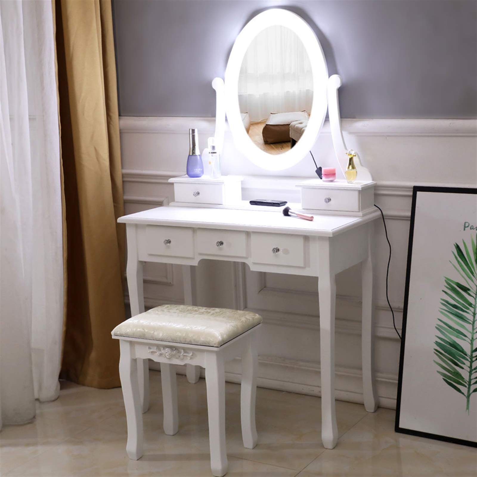 Modern Vanity Desk with Lighted Mirror & 5 Drawers - White Dressing Table Set for Makeup & Beauty - Perfect for Bedroom, Bathroom & Salon Organization