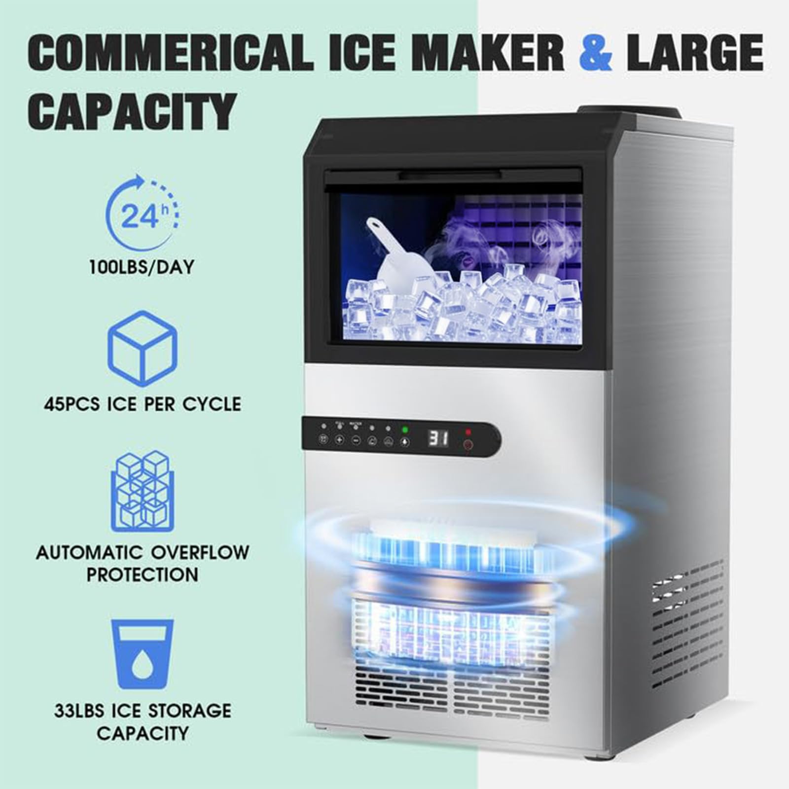 Commercial Ice Maker Machine 100Lbs/24H with 33Lbs Storage Bin - Fast 5-Minute 45Pcs Clear Ice Cubes - 2-Way Water Fill - Under Counter or Freestanding for Home, Bars, Restaurants & Offices (DB45)