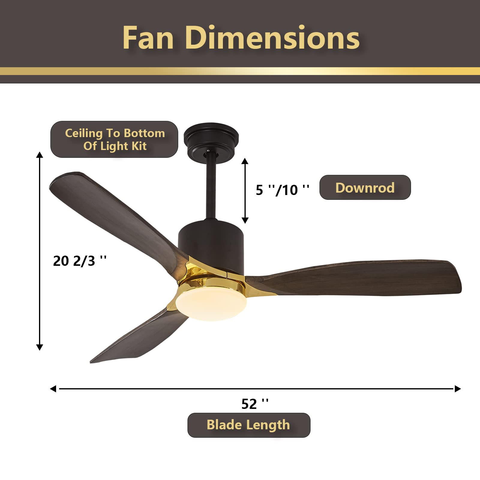 52 Inch Modern Wood Ceiling Fan with Light & Remote Control - 3 Blade Indoor Ceiling Fan with Adjustable Speeds - Perfect for Living Room, Bedroom, and Office Spaces