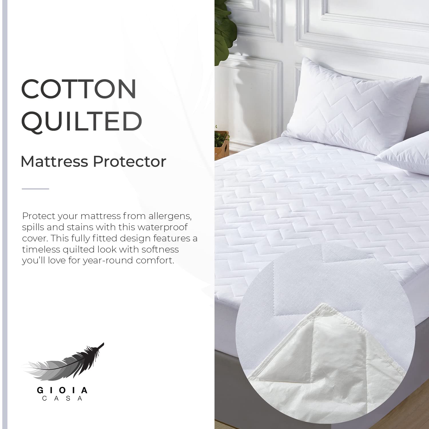 100% Ultra Soft Cotton Quilted Anti-Microbial Mattress Cover Protector - Queen Size, White | Waterproof & Hypoallergenic Bedding for Allergy Relief & Comfortable Sleep