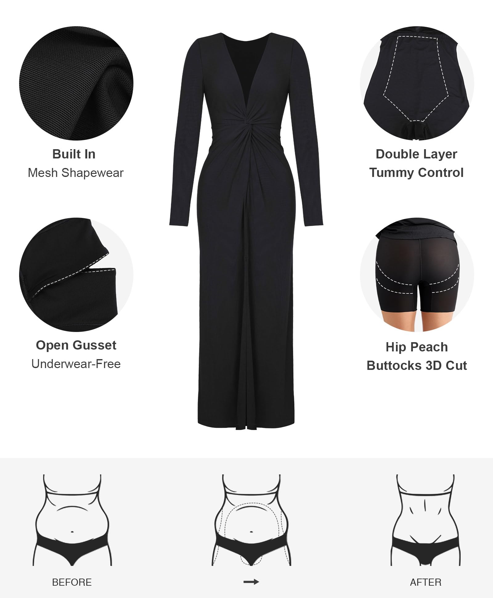 Popilush Women's 8-in-1 Long Sleeve Bodycon Dress with Built-In Shapewear - Formal Wedding Guest Dress 2024 | Perfect for Cocktail Parties, Office Wear & Special Occasions