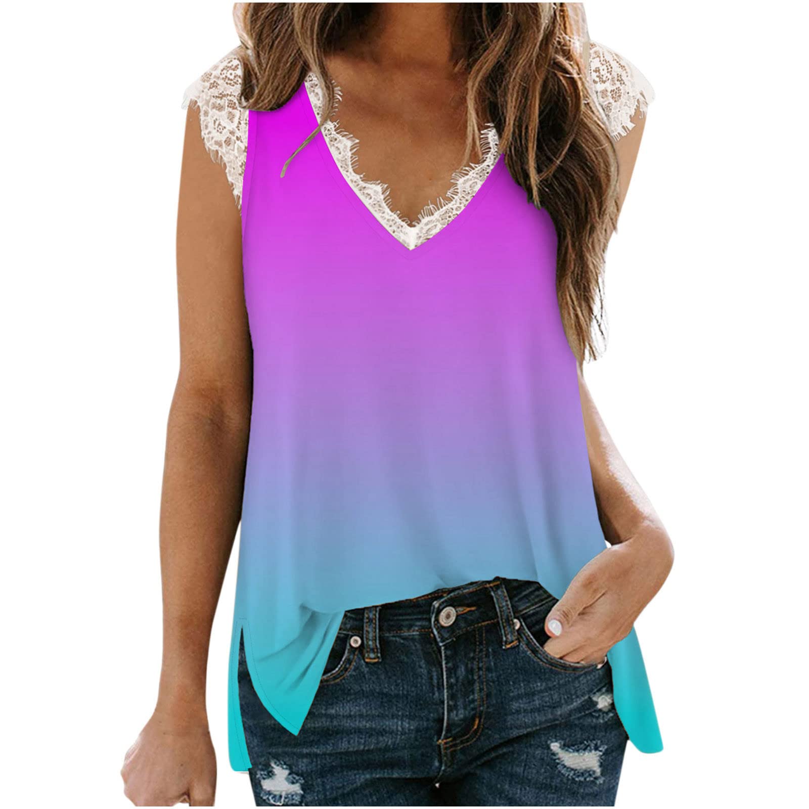 Women's Slim Sleeveless Summer Tops - Casual Gradient Print Lace Tank Vest for Women | Perfect for Beach, Vacation & Everyday Wear