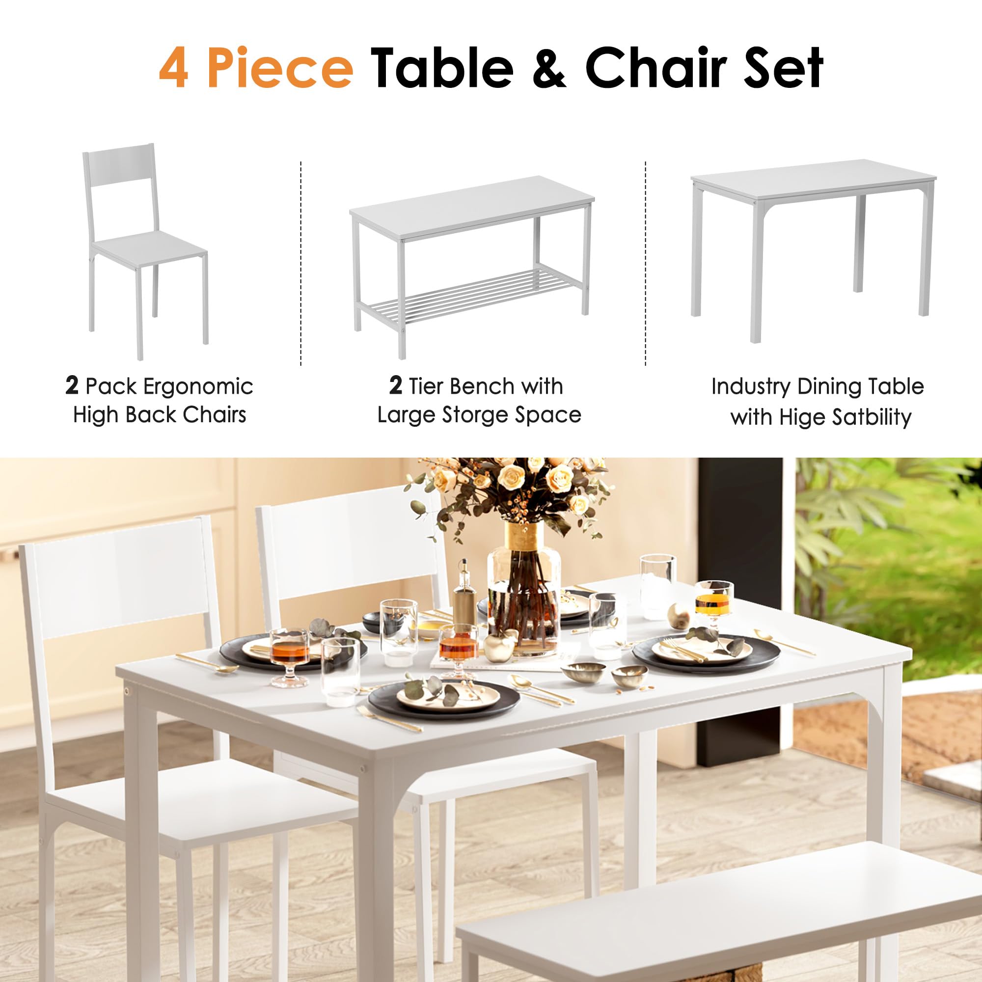 SogesFurniture 4-Piece White Dining Table Set with Table, 2 Chairs & Bench - 44 Inch Kitchen Dinette Set for Small Spaces | Perfect for Breakfast Nook, Apartment Kitchen or Cozy Dining Area