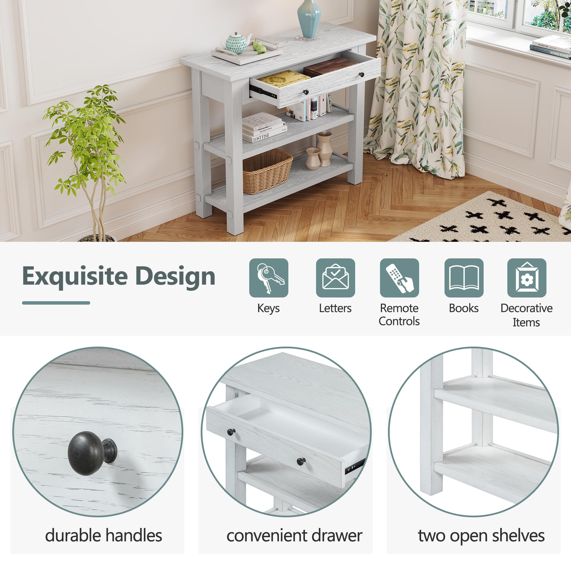 Rustic Entryway Console Table with Storage Drawer & 2 Shelves - Farmhouse Hallway Sofa Table for Living Room, Foyer & Entryway - Easy Assembly Antique White - Perfect for Home Decor & Small Space Organization