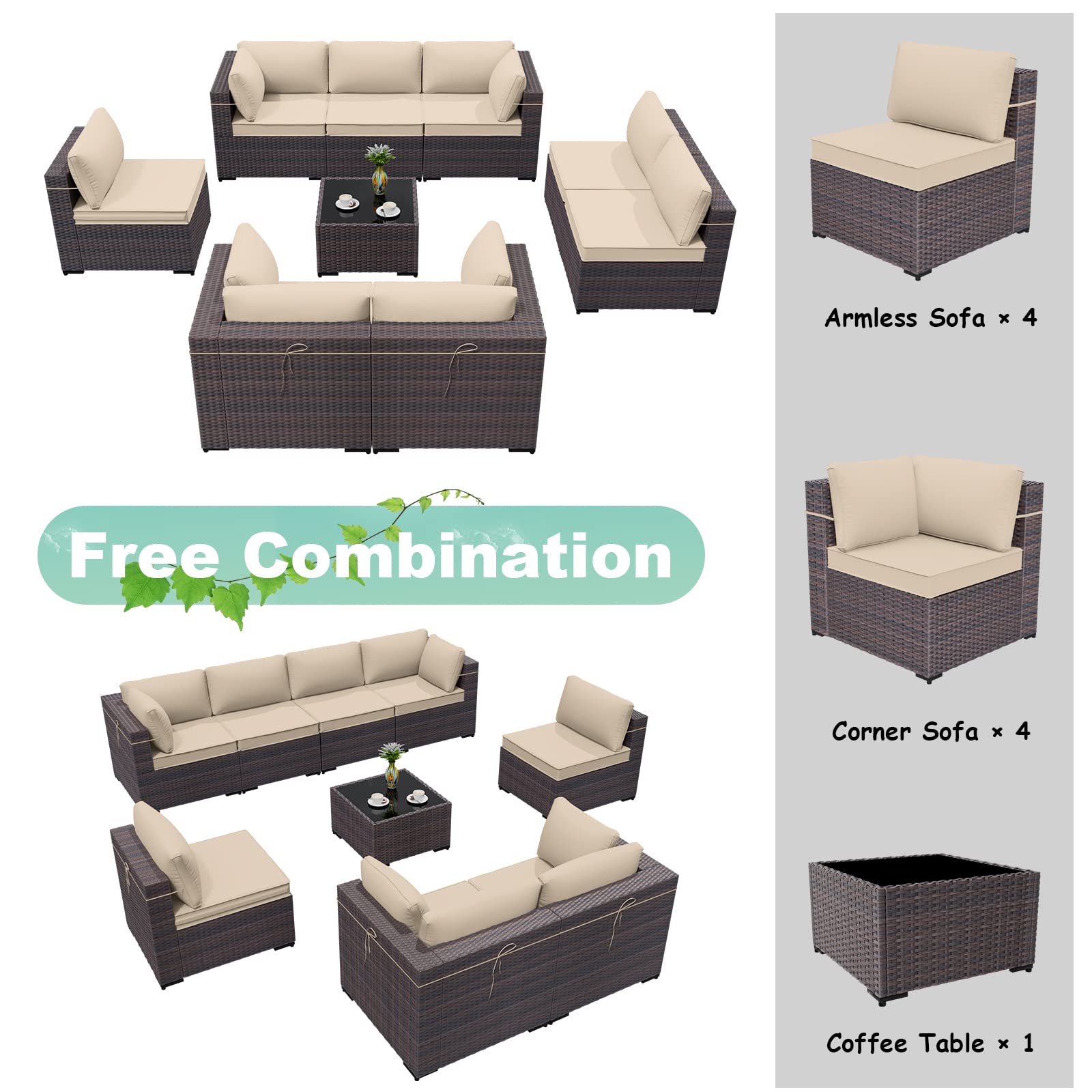 9-Piece Brown PE Rattan Outdoor Patio Furniture Set with Sectional Sofa, 8 Sand Cushions & Coffee Table - Perfect for Backyard, Garden, Poolside & Deck Relaxation