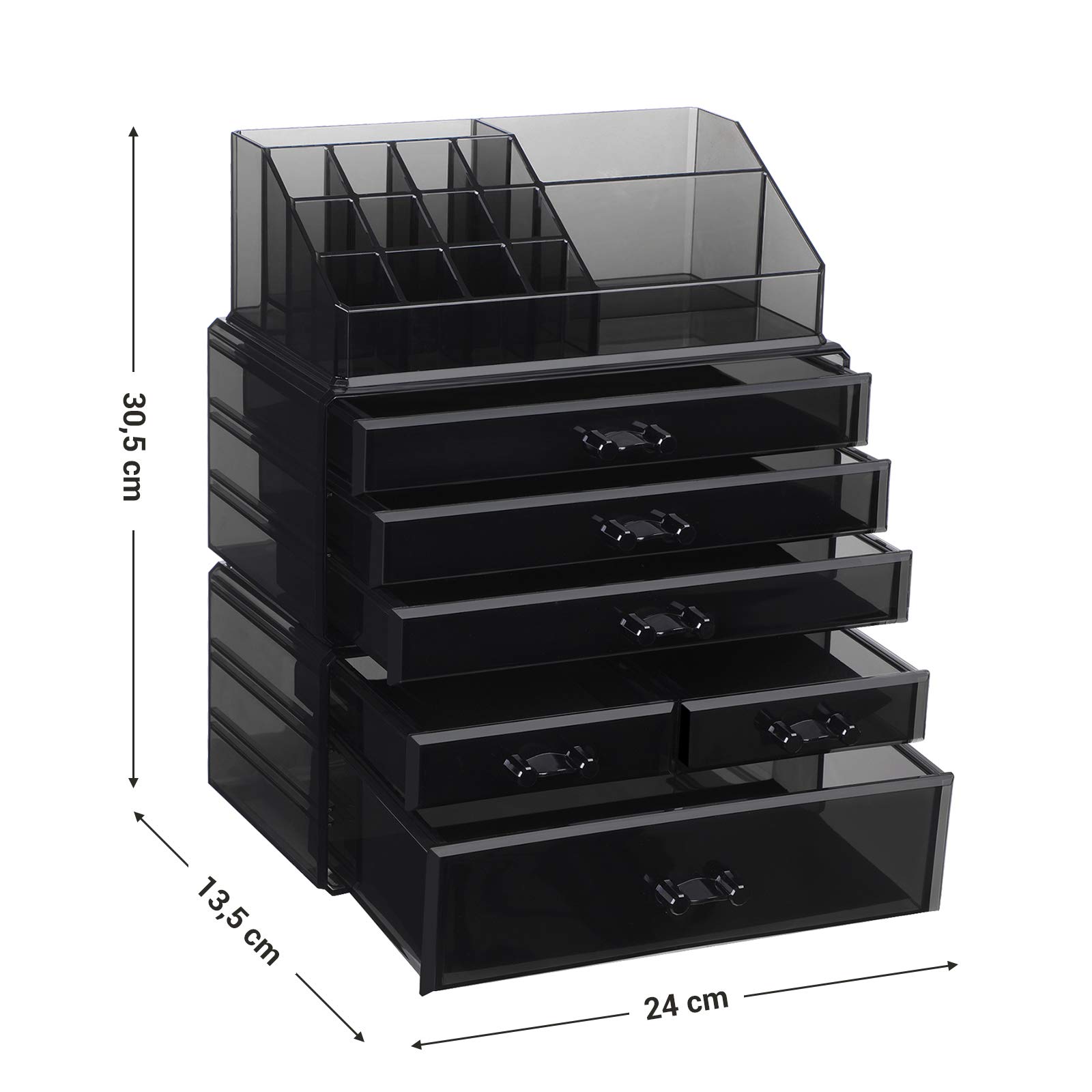 SONGMICS Large Acrylic Makeup Organizer with 6 Stackable Drawers - Cosmetic Storage Box for Eyeshadow Palette, Brushes, Foundation, Lipstick, Nail Polish - Perfect for Vanity, Bathroom & Travel (Black, JKA009BK)