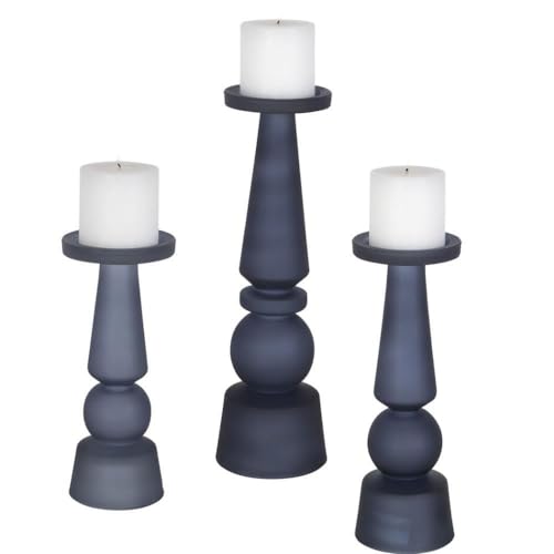 Uttermost Cassiopeia Midnight Blue Glass Pillar Candle Holders - Set of 3 for Home Decor, Wedding Centerpieces & Tabletop Decorations