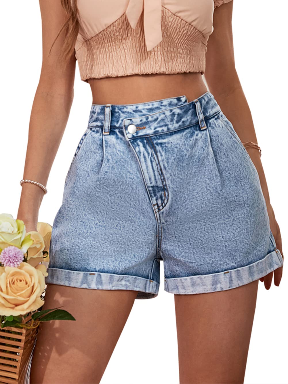 CHARTOU Women's High Waist Asymmetrical Wide Leg Denim Shorts - Vintage Washed Folded Hem Jeans for Casual Outfits & Summer Fashion