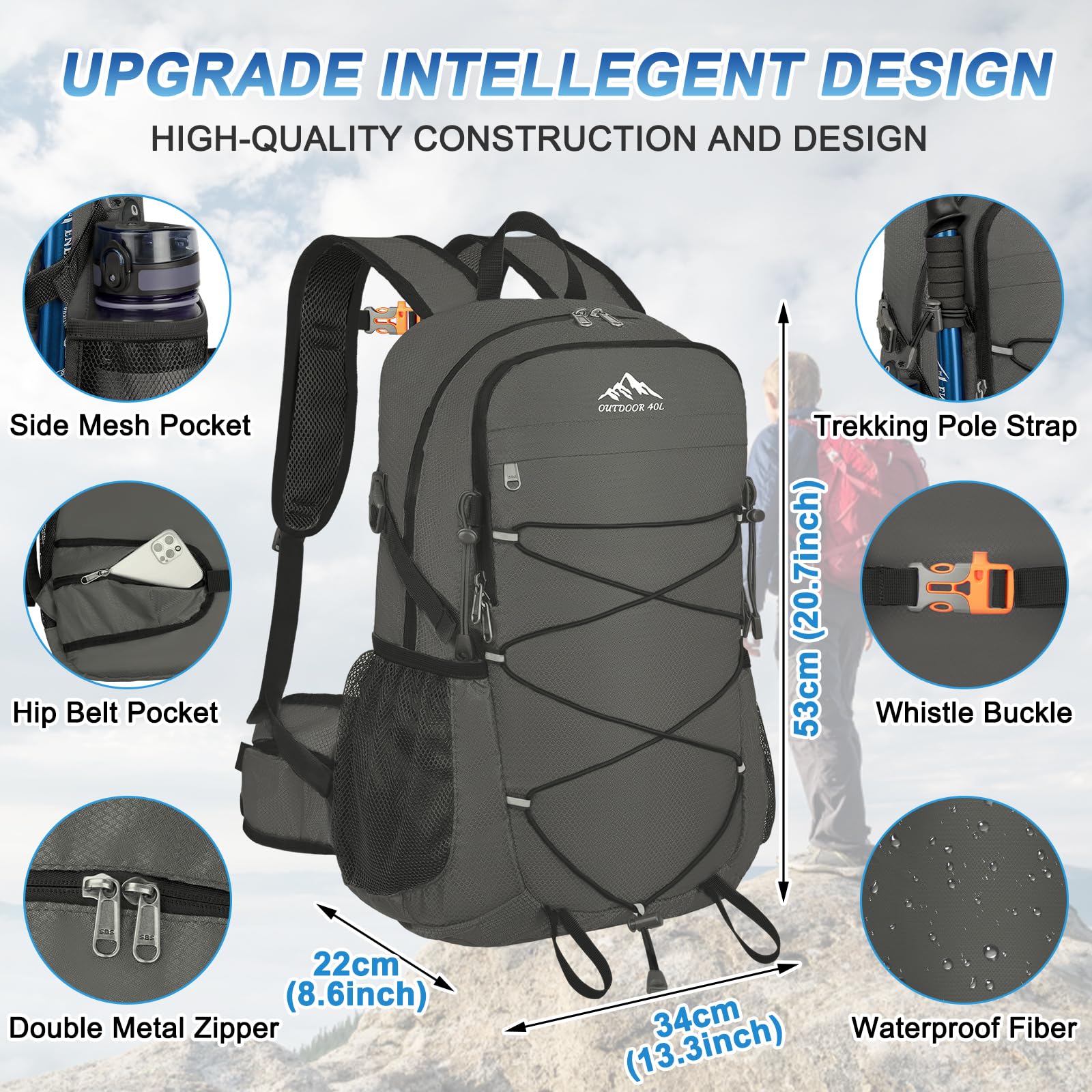 40L Lightweight Hiking Backpack - Waterproof Travel Daypack for Camping & Outdoor Adventures