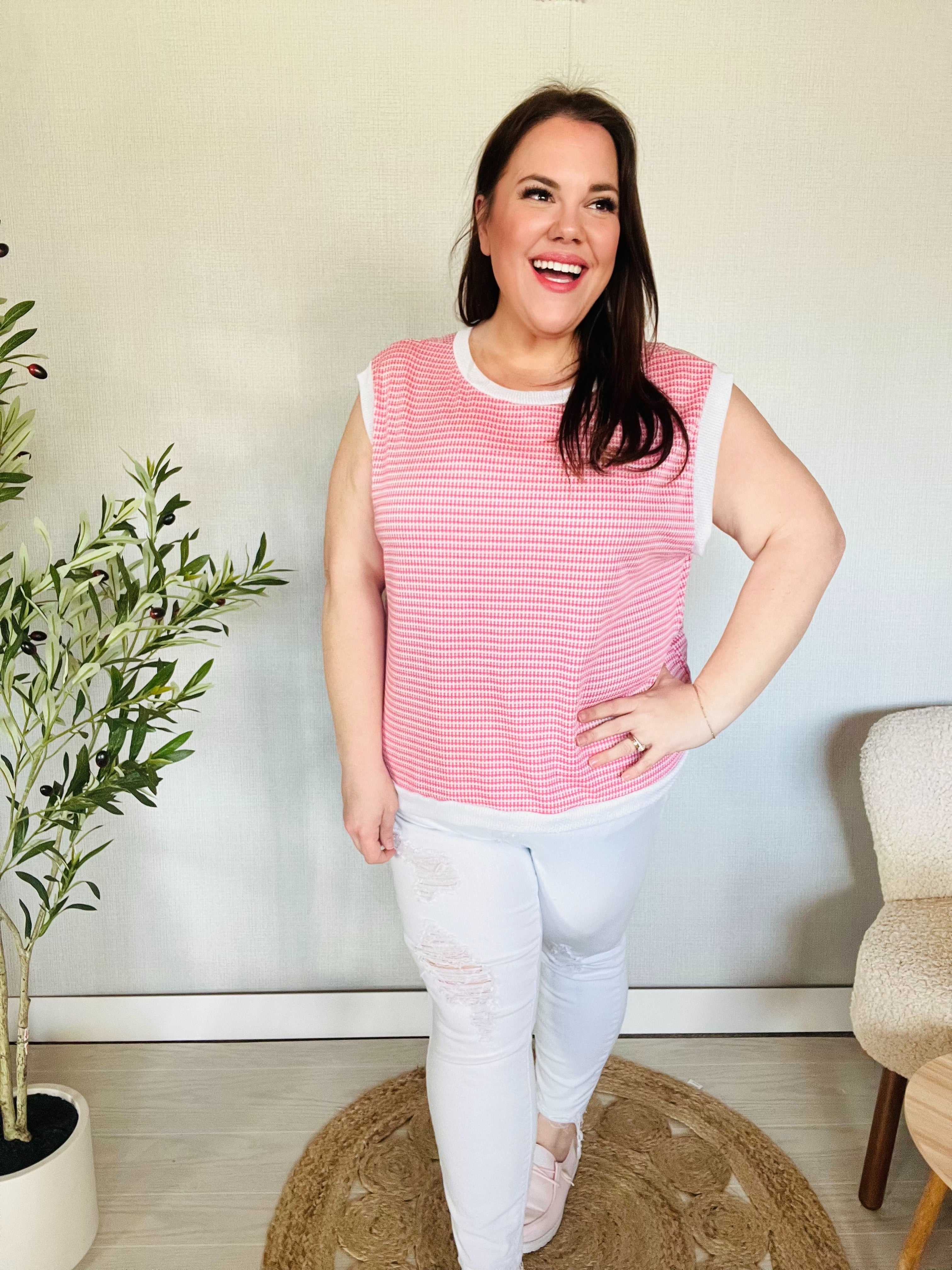 Lock Eyes Pink & Ivory Jacquard Waffle Knit Banded Sleeveless Top for Women - Elegant Summer Blouse for Casual Outings, Dates & Office Wear