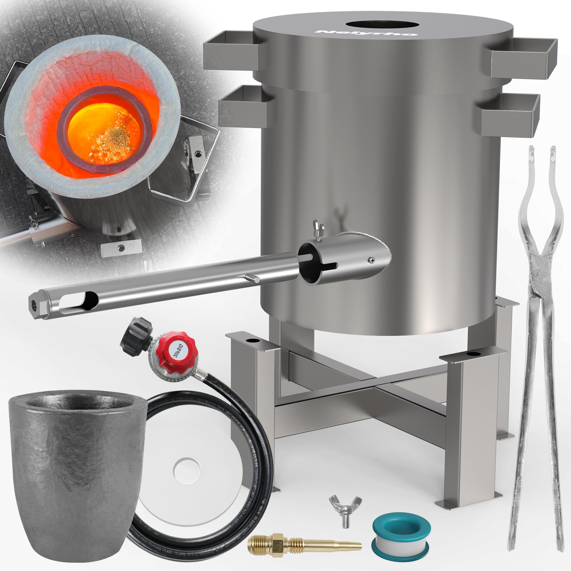 Nelyrho Propane Smelting Furnace Kit – 4kg Crucible, Support Stand & Tongs – Stainless Steel Foundry for Melting Aluminum, Gold, Silver, Copper – Perfect for DIY Jewelry Making, Metal Casting & Home Foundry Projects