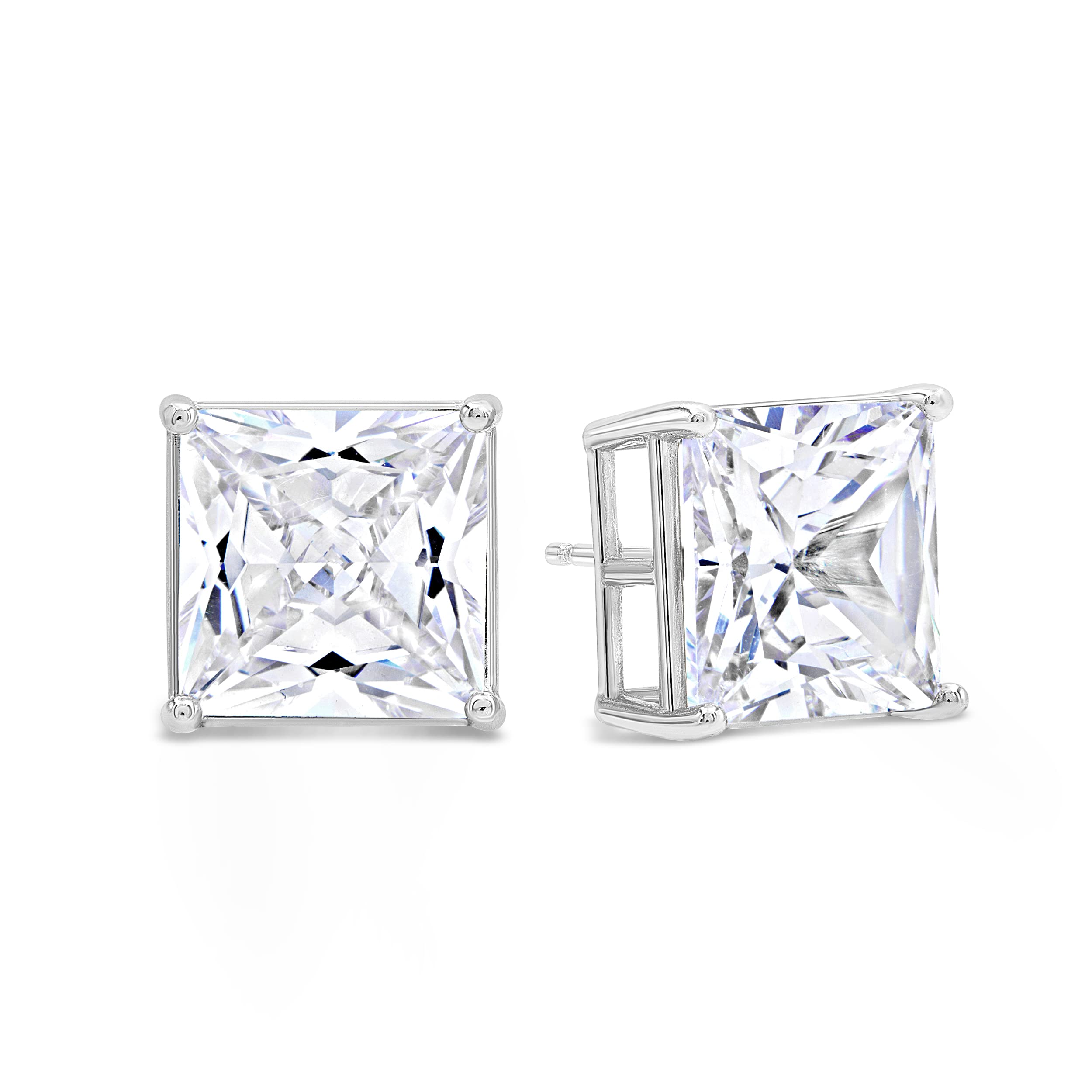 KEZEF Sterling Silver Stud Earrings for Women & Men - 11mm Square Princess Cut Cubic Zirconia Earrings with Basket Setting | Perfect for Everyday Wear, Gifts & Special Occasions