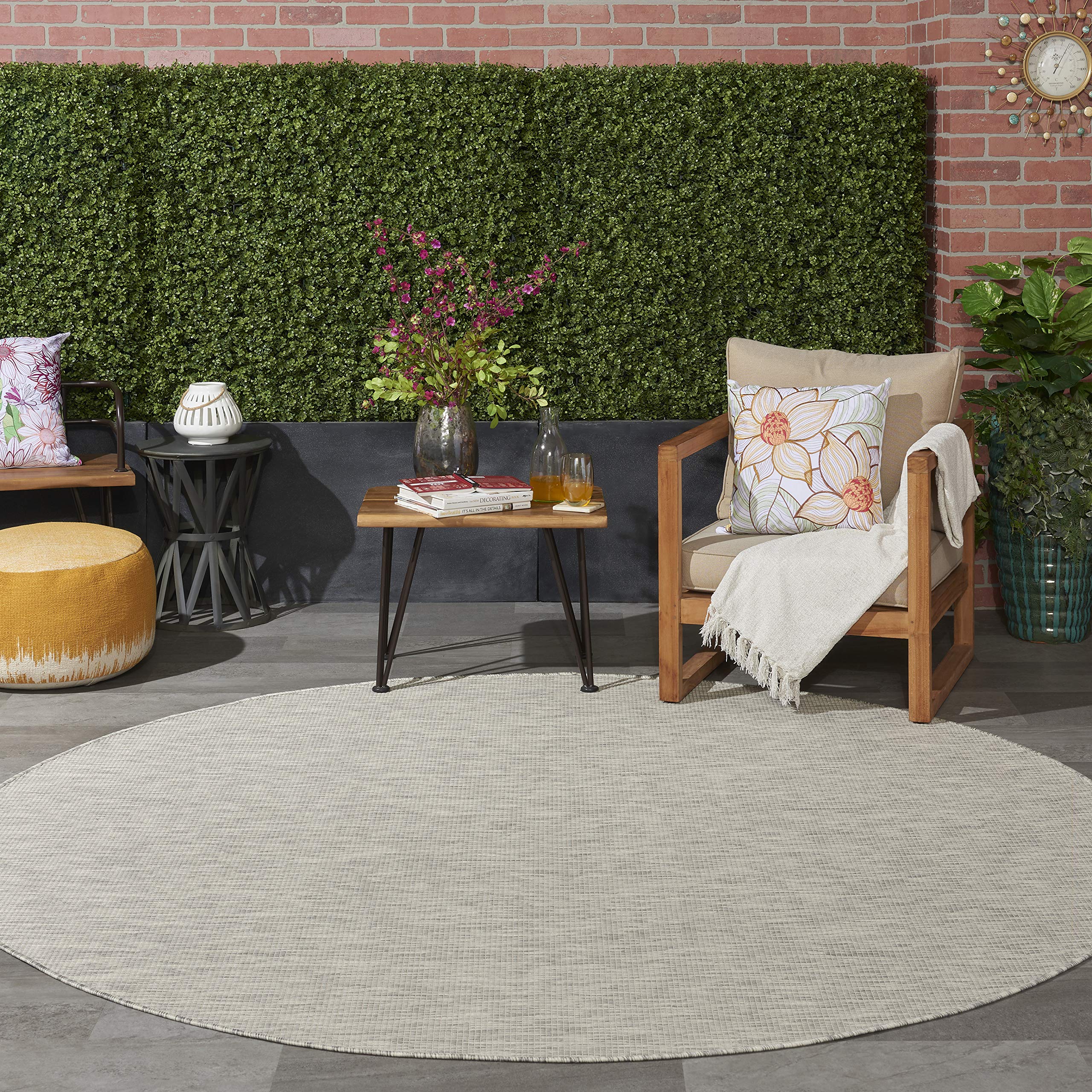 Nourison Positano 8' Round Light Grey Indoor/Outdoor Area Rug - Easy Clean, Non-Shedding for Bedroom, Living Room & Dining Room | Perfect for Backyard, Deck & Patio Use
