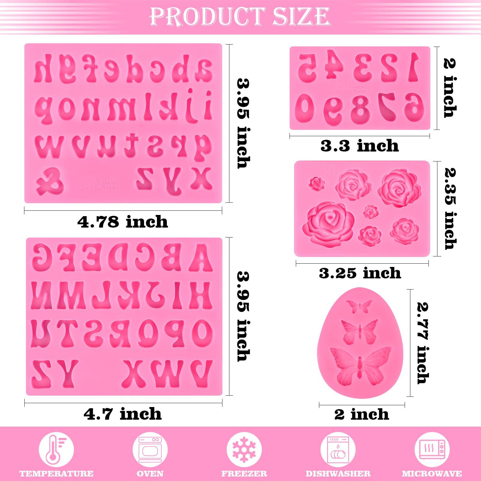 5-Piece Silicone Alphabet & Number Chocolate Molds Set - Uppercase, Lowercase Letters with Flower & Butterfly Designs for Cake Decorating, Candy Making, Fondant Crafts (Ideal for Birthday Parties, Wedding Cakes, DIY Desserts)