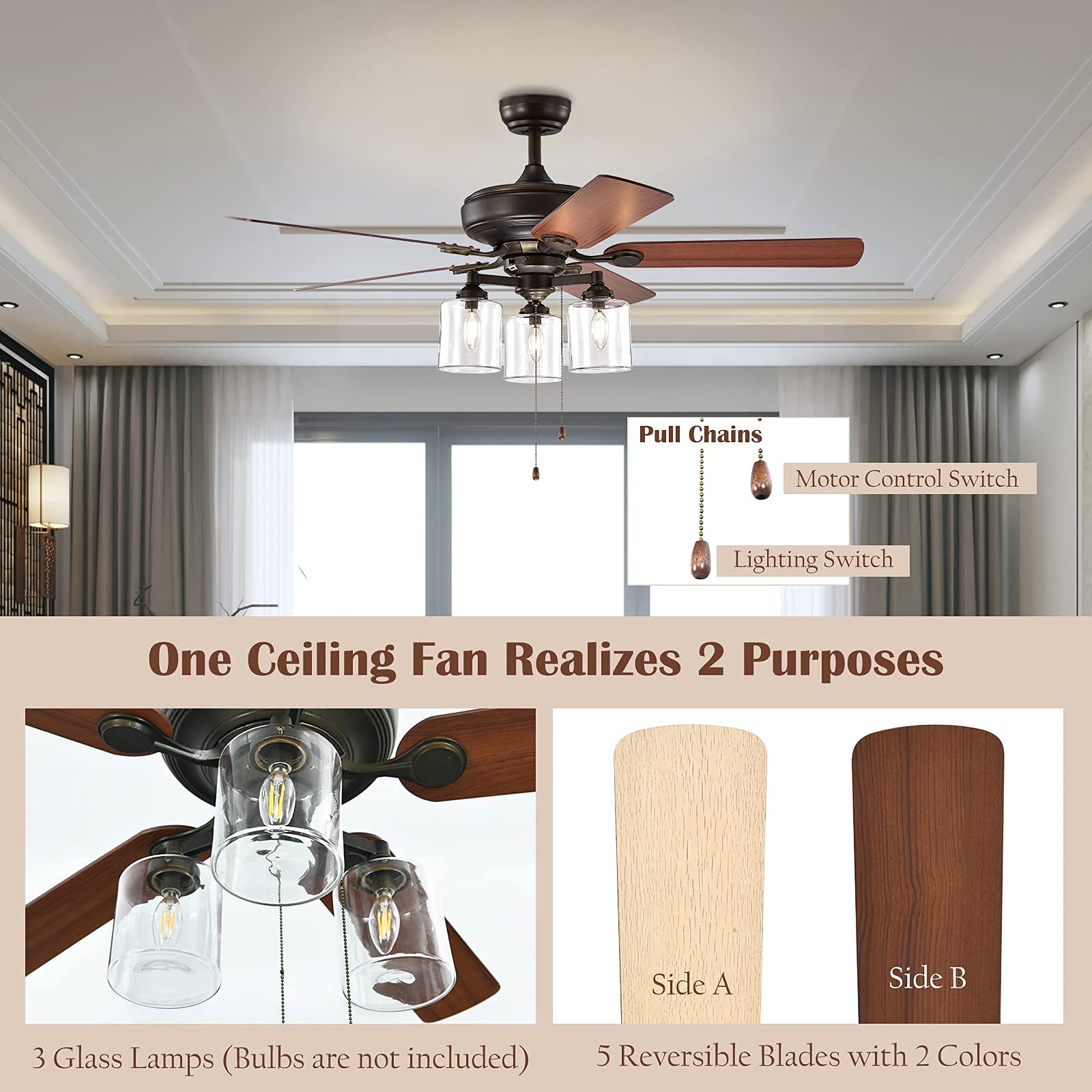 52 Inch Tangkula Industrial Ceiling Fan with Lights - 3-Speed Reversible Motor, 5 Blades & 3 Clear Glass Lights, ETL Certified Bronze Finish - Perfect for Living Room, Bedroom, and Patio Cooling