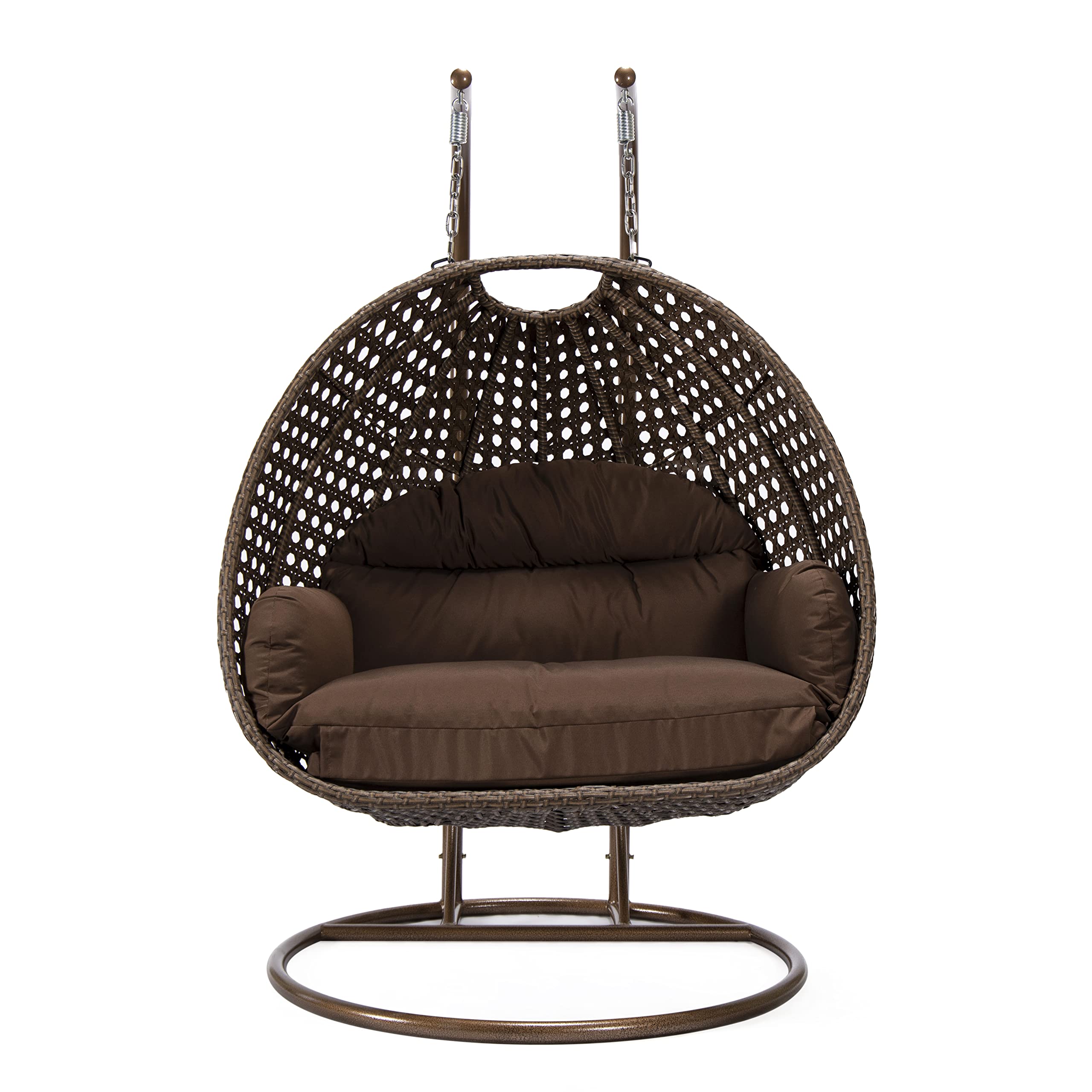 LeisureMod Mendoza Dark Brown Wicker 2-Person Patio Hanging Egg Swing Chair with Stand & Cushions - Indoor/Outdoor Use for Garden, Porch, Backyard, and Balcony (Brown)