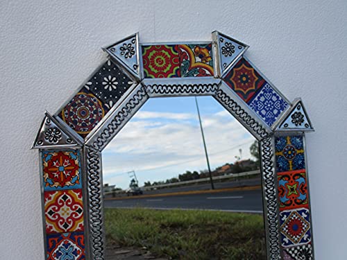 Handmade Mexican Folk Art Punched Tin Mirror with Day of the Dead Talavera Tile - 18