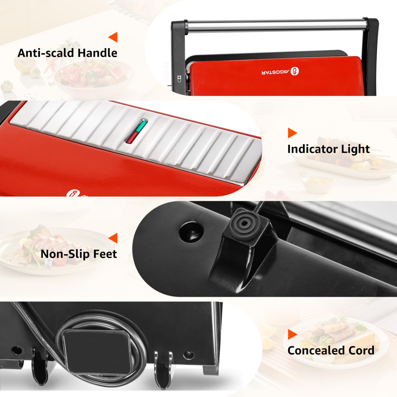 Aigostar 1000W Electric Panini Press Grill - 3-in-1 Sandwich Maker with Ceramic Non-Stick Plates, 180° Adjustable Lid for Any Size Food, Drip Tray & Locking Handle (Red) | Perfect for Home, Office & Restaurant Use - Make Paninis, Sandwiches, Quesadillas & More