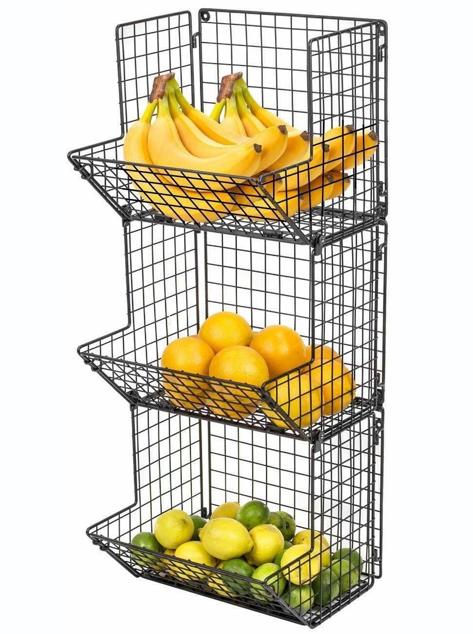 3-Tier Wall Mount Fruit Stand - Foldable Kitchen Storage Organizer for Fruits, Vegetables & Spices - Perfect for Small Spaces, Pantry & Countertop Organization