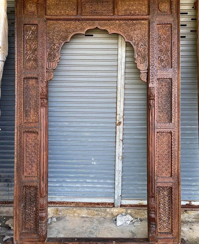 Handmade Carved Indian Jharokha Window Frame - Solid Hardwood Large Archway Decor - Dark Brown Finish - Perfect for Home, Office & Wedding Decorations