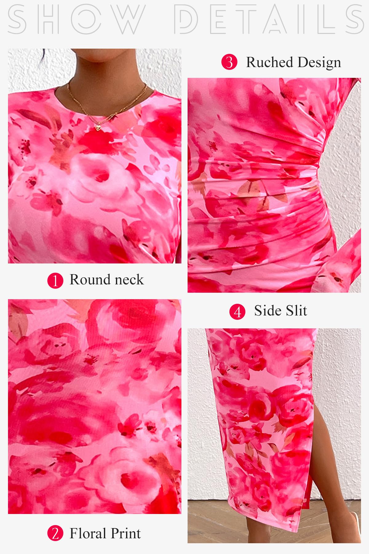 Elegant Floral Print Long Sleeve Bodycon Dress for Women - Ruched Cocktail Party & Wedding Guest Maxi Dress - Perfect for Evening Events, Date Nights & Special Occasions