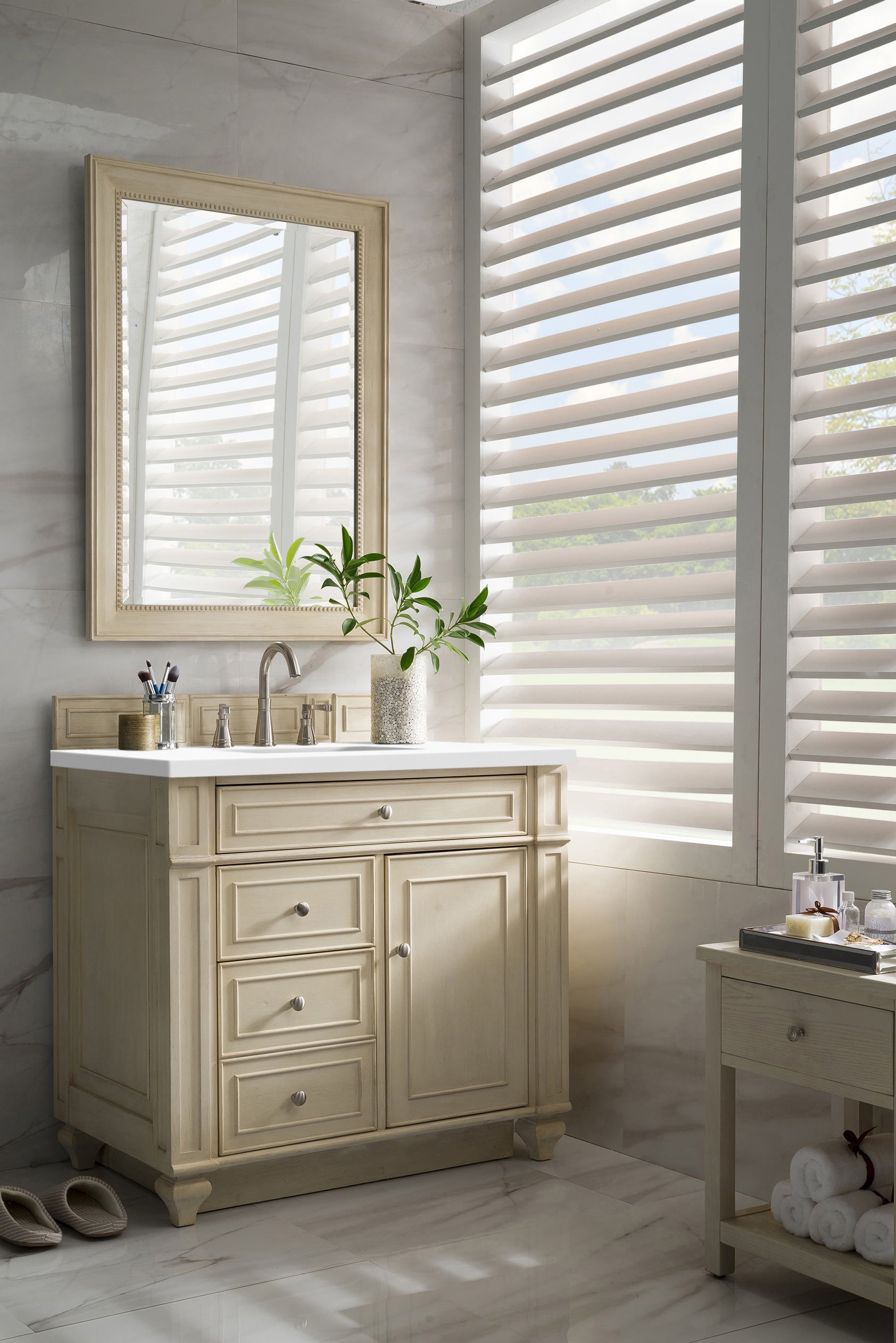Bristol 36 Inch Single Bathroom Vanity in Vintage Vanilla with 3CM Classic White Quartz Countertop – Perfect for Modern Farmhouse, Coastal, or Traditional Bathroom Decor