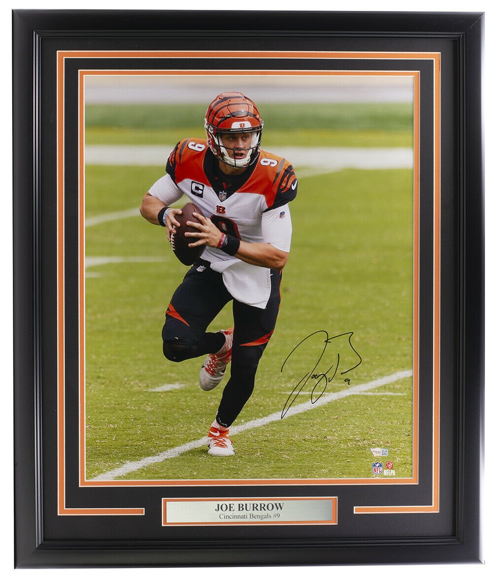 Joe Burrow Autographed Cincinnati Bengals 16x20 Framed Football Photo - Limited Edition Collectible for NFL Fans, Perfect for Game Room, Man Cave, or Sports Memorabilia Display