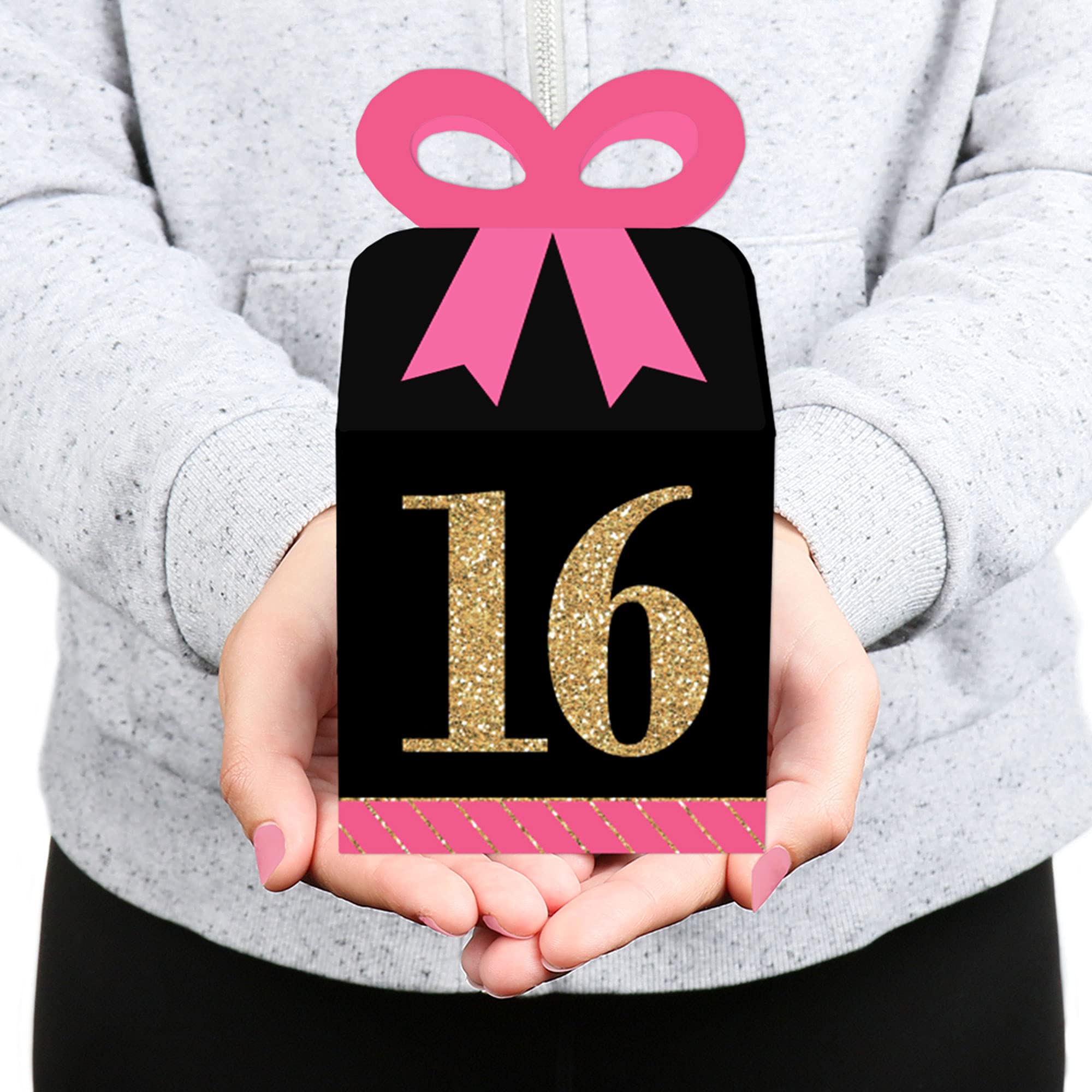 16th Birthday Gift Boxes - Pink, Black & Gold Set of 12 for Party Favors