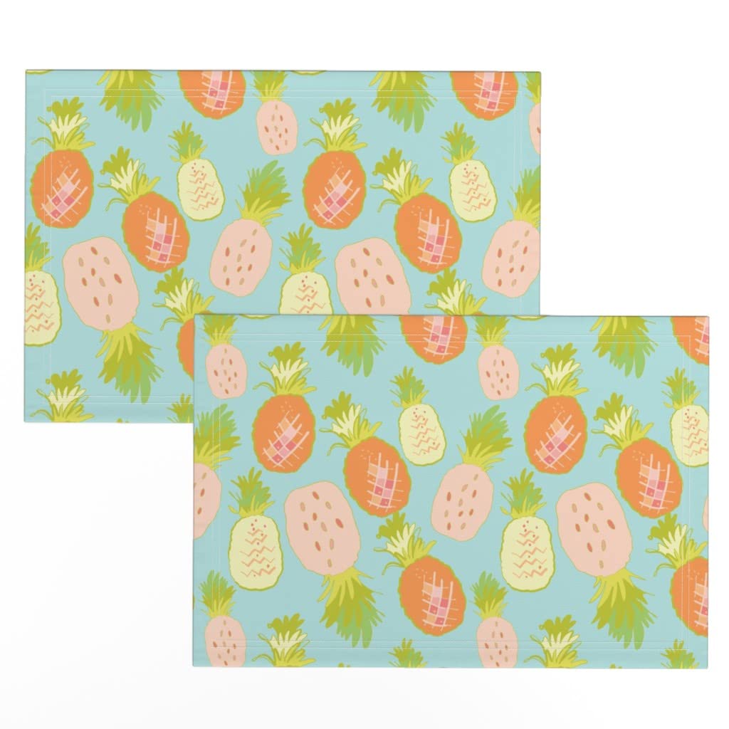 Premium Spoonflower Linen Cotton Canvas Placemats Set of 2 - Tropical Pineapple Botanical Hawaiian Fruit Print Table Mats for Dining, Kitchen & Party Decor