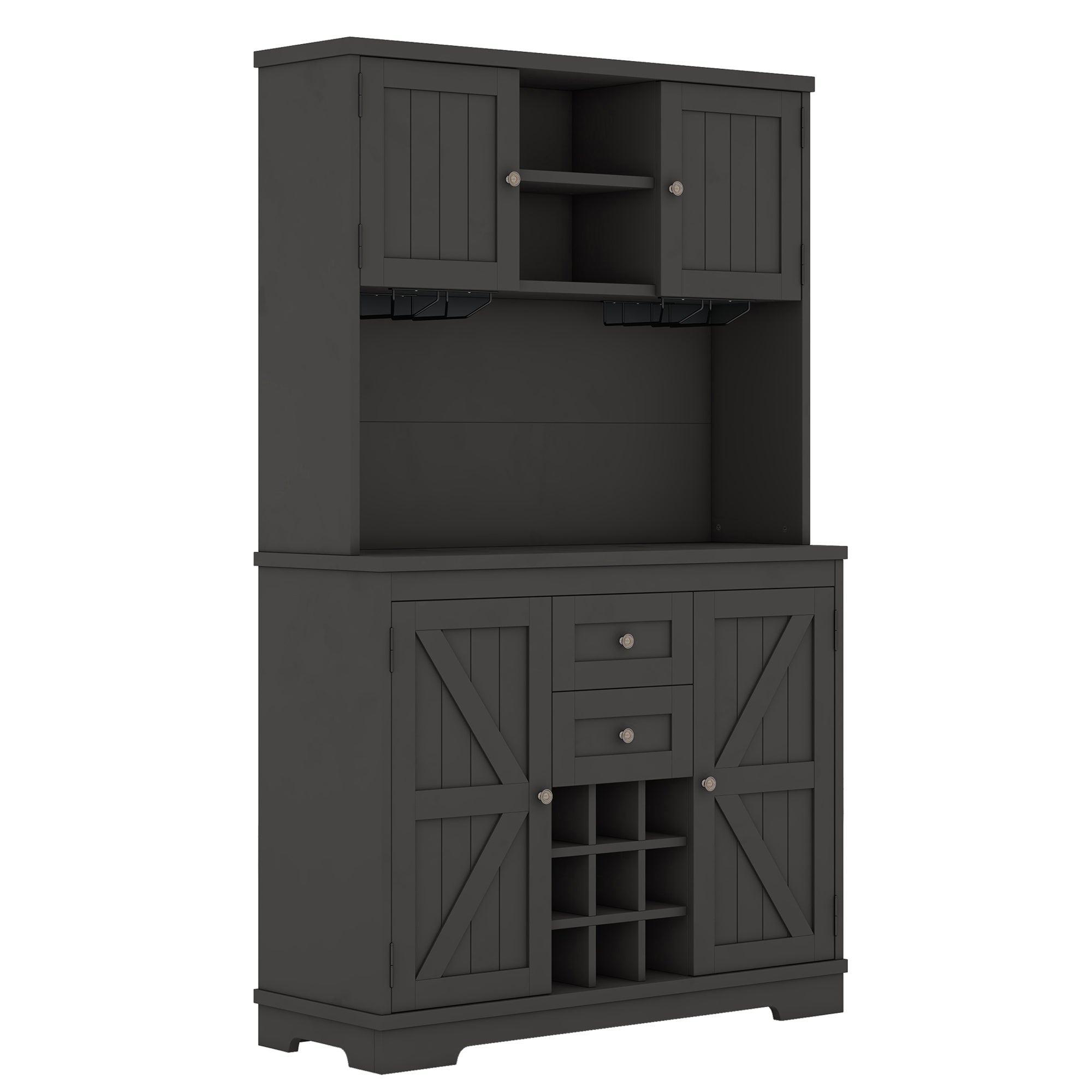 Farmhouse Coffee Bar Cabinet with Storage - Kitchen Buffet Cabinet with Drawers, Shelves & Wine Glass Racks - Rustic Dining Room Furniture for Kitchen, Bar & Entertaining - Black